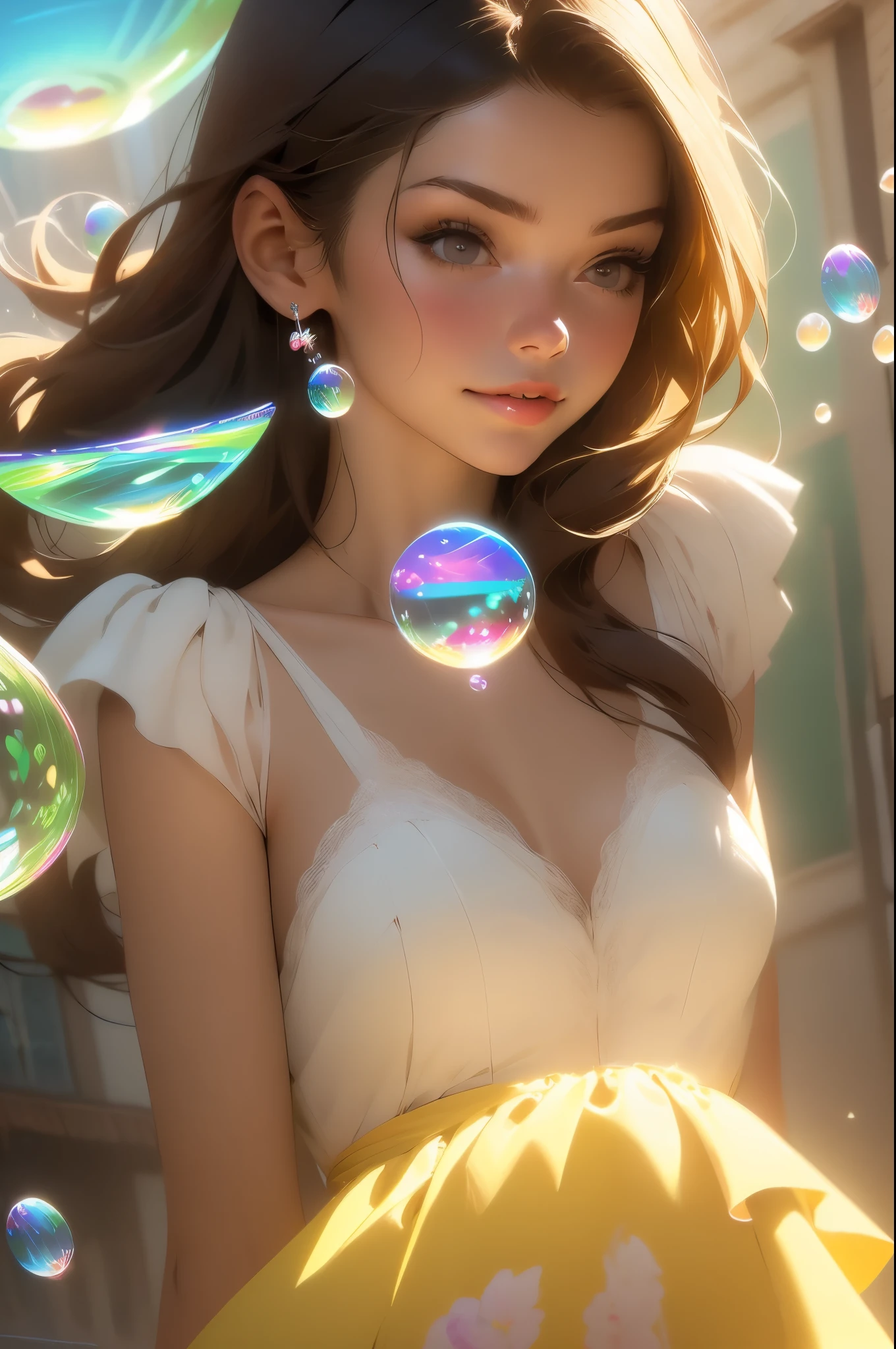 (foto de perfil recortada), ((1 beautiful young woman inside a soap bubble: 1.5)), sentado en una almohada rosa, ((flying through a beautiful and magical fairy tale city: 1.4)), (Hiper detallado : 1.3), ((ropa vestido delicado con adornos florales: 1.4)), ((atardecer background below a beautiful fairy tale landscape: 1.3)), ((Escena imaginativa)), ((Rostros y cuerpos perfectos, meticulosamente detallado: 1.3)), ((tiro lejano: 1.4)),((Mejor calidad)), ((obra maestra)), 3d, (((atardecer:1.2))), (Fotorrealista:1.4), ((frontal camera)), (sonriendo felizmente, with hands resting inside the soap bubble, sorprendido por la hermosa ciudad de las hadas:1.4), ((film lighting: 1.2)), 32k.