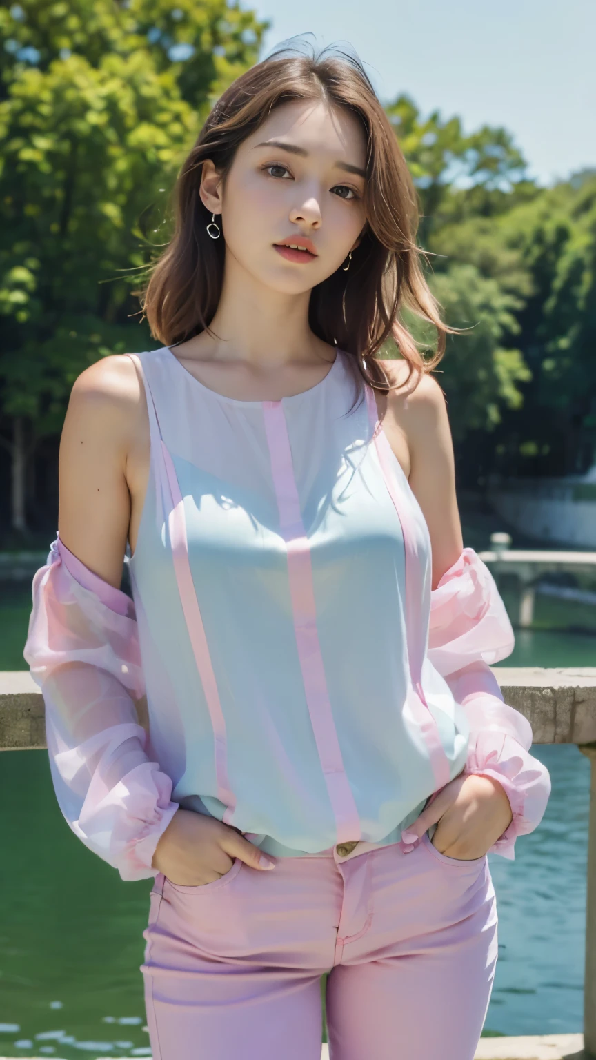 (((best quality, 8 thousand, masterpiece:1.4)), (20 year old woman), masterpiece, distinct, highres, high_quality, wide_shot, small_face, absurdly_short_hair, female, sagging_breasts, balancing, stretching, gentle_face, bare_shoulders, center_opening, downblouse, (brown wavy very long hair), (Put your hands in your pockets), (Huge, saggy breasts), (On a beautiful German bridge), queen of tears, Tight pastel colored pants, pink translucent blouse,