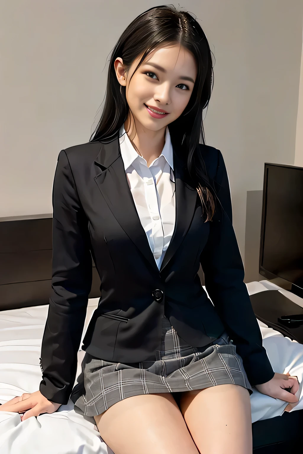 Light gray plaid miniskirt that highlights the thighs