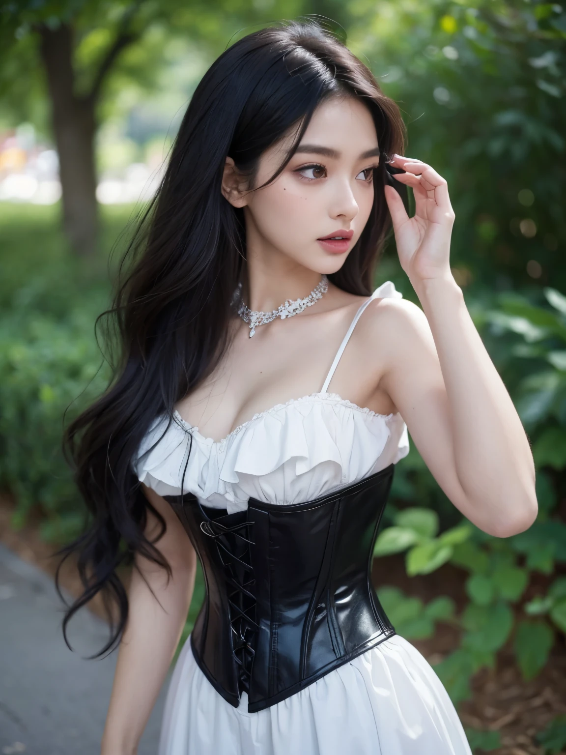 Kim Jennie con el cabello negro oscuro, con rulos en las puntas del cabello negro oscuro, con un ganchito de estrella en el cabello negro oscuro, ojos de color claro, ojos bonitos, nariz bonita y respingada, labios bonitos, labios rosas, heart and cupid shaped lip, piel bonita, piel blanca, con lunares y pecas en todo el rostro, rubor rosa suave en las mejilla, rubor rosa natural, dark and gothic makeup, Jennie gotica, cuello bonito, noticeable collarbones, mirada enojada, con un collar, un collar bonito de beso, mientras tiene un Corset rosa, Corset rosa bonito, vestido con un Corset rosa, mientras muestra sus pechos desnudos, mientras tiene los pezones con dos corazones de papel rosa, tiene los pezonnes con corazones de papel rosa (pechos grandes, pechos suaves, pechos bonitos, pechos naturaleirando a la camara, autofoto
