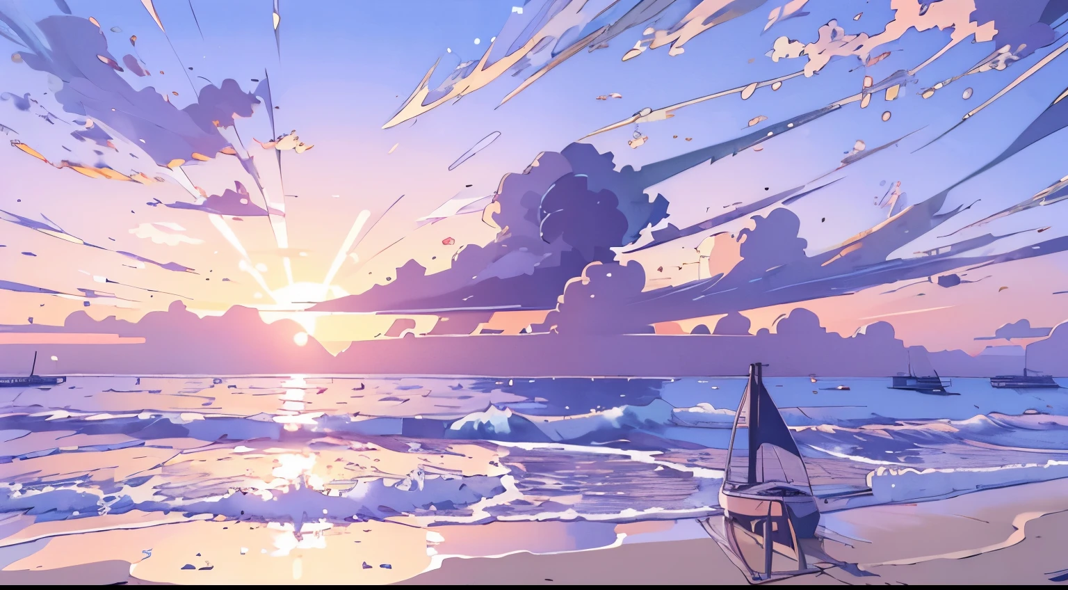 Tranquil Beach: Sunrise or sunset over a calm sea, gentle waves, a small sailboat in the distance.