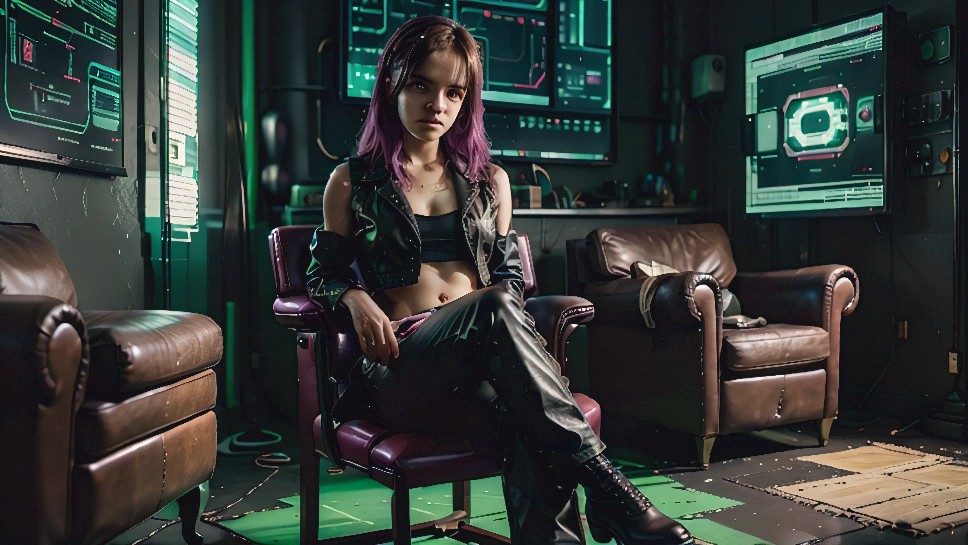 realistic, a futuristic cyberpunk hackerspace at night with many electronic parts laying around, purple and green and yellow neon and LED lights, a large dark red leather armchair standing in the middle of the room, on the chair sits a girl facing the viewer, legs crossed, dark blue worn down jeans trousers, dirty old black leather SAS boots, torn olive tank top, some oily dirt around the belly, open very worn black leather jacket, dark brown hair with red stripes and a slight pink undercut