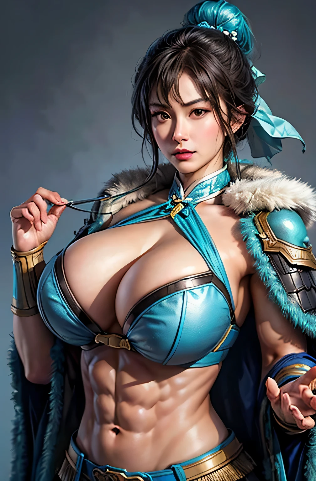 1 girl,upper body,lightcyan chinese armor,(((gigantic breasts,abs))),    Delicate hands of a woman,((shaggy cut)),(best lighting) ,  Super clear image quality
