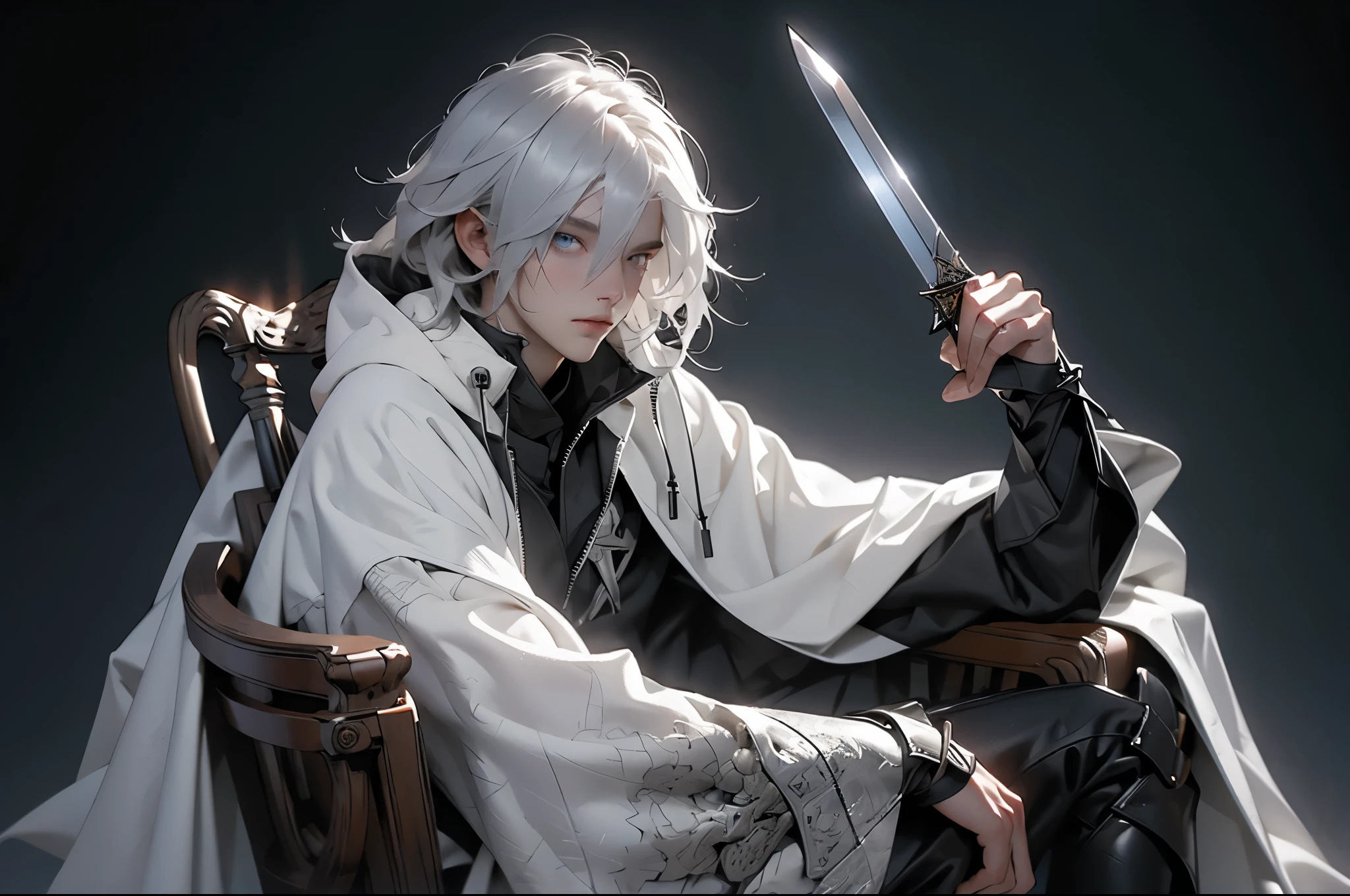 1boy, sitting in gaming chair, pale skin, cape, robe, hood, light armor, sword, shield, detailed eyes, and face