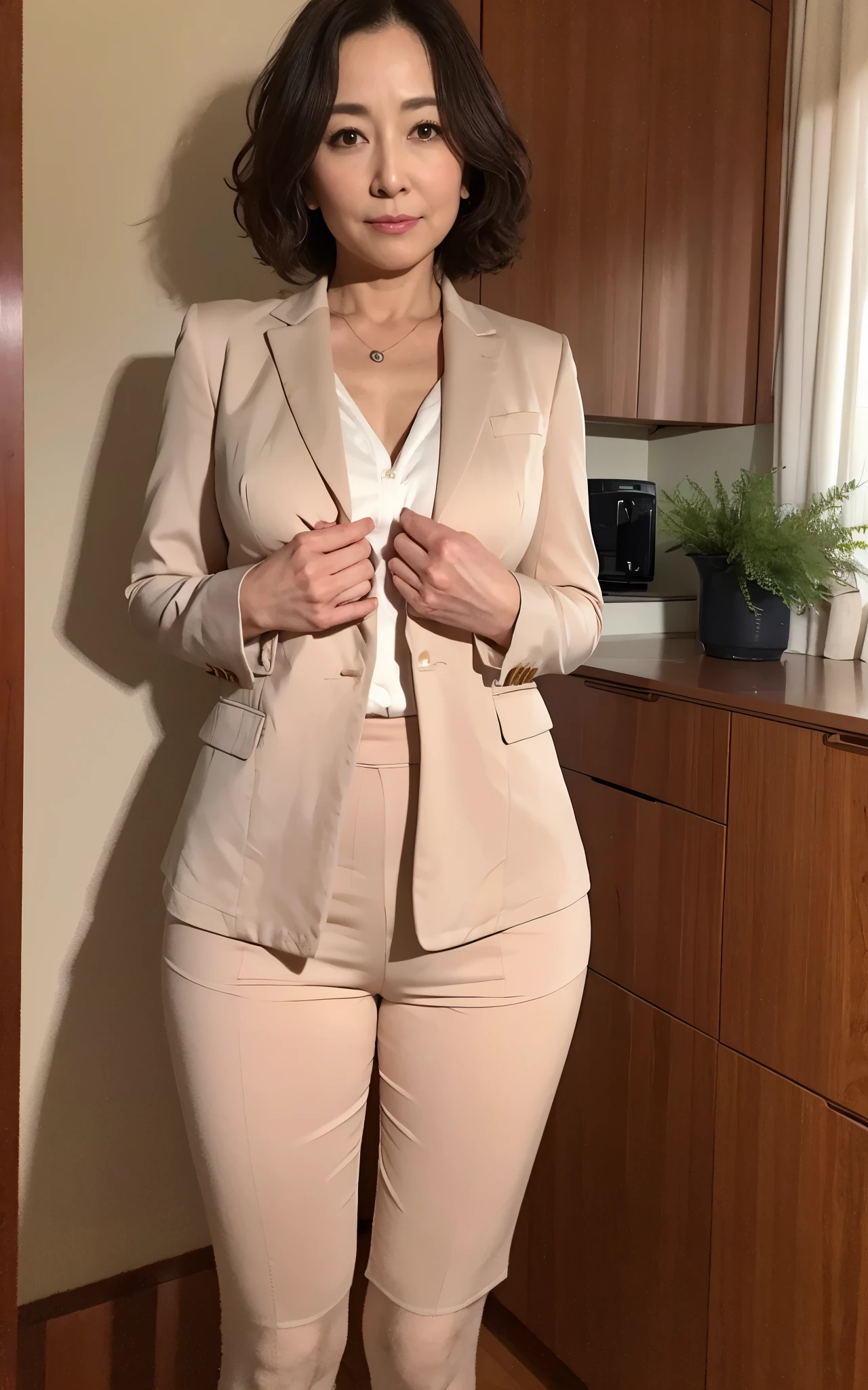 (realistic:1.2, best quality, highres, photorealistic, masterpiece), 50 year old mature, japanese woman, sex appeal, sexy, fine skin, Beautiful breasts high quality, perfect writing, Super beautiful, facial high definition, Makeup is light, Beautiful butt high quality, Shining beautiful skin, Shining beautiful skin step piece, Transparent beauty, Goddess of Eros, looking at the viewer, short hair, Plump body shape, very short Pants, suit figure, Squat and crotch open、Take off your jacket and put on your blouse、