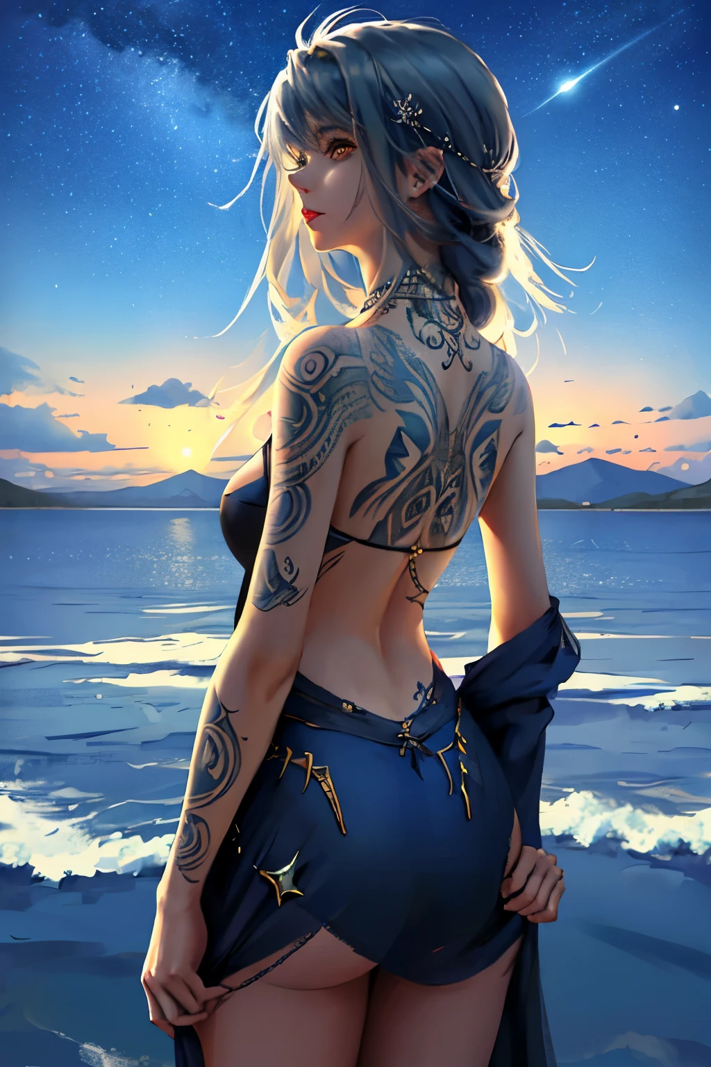 Mujer con cabello Plateado y ojos azules con vendajes y tatuajes en un paisaje con una noche estrellada que se refleja en el agua de un lago