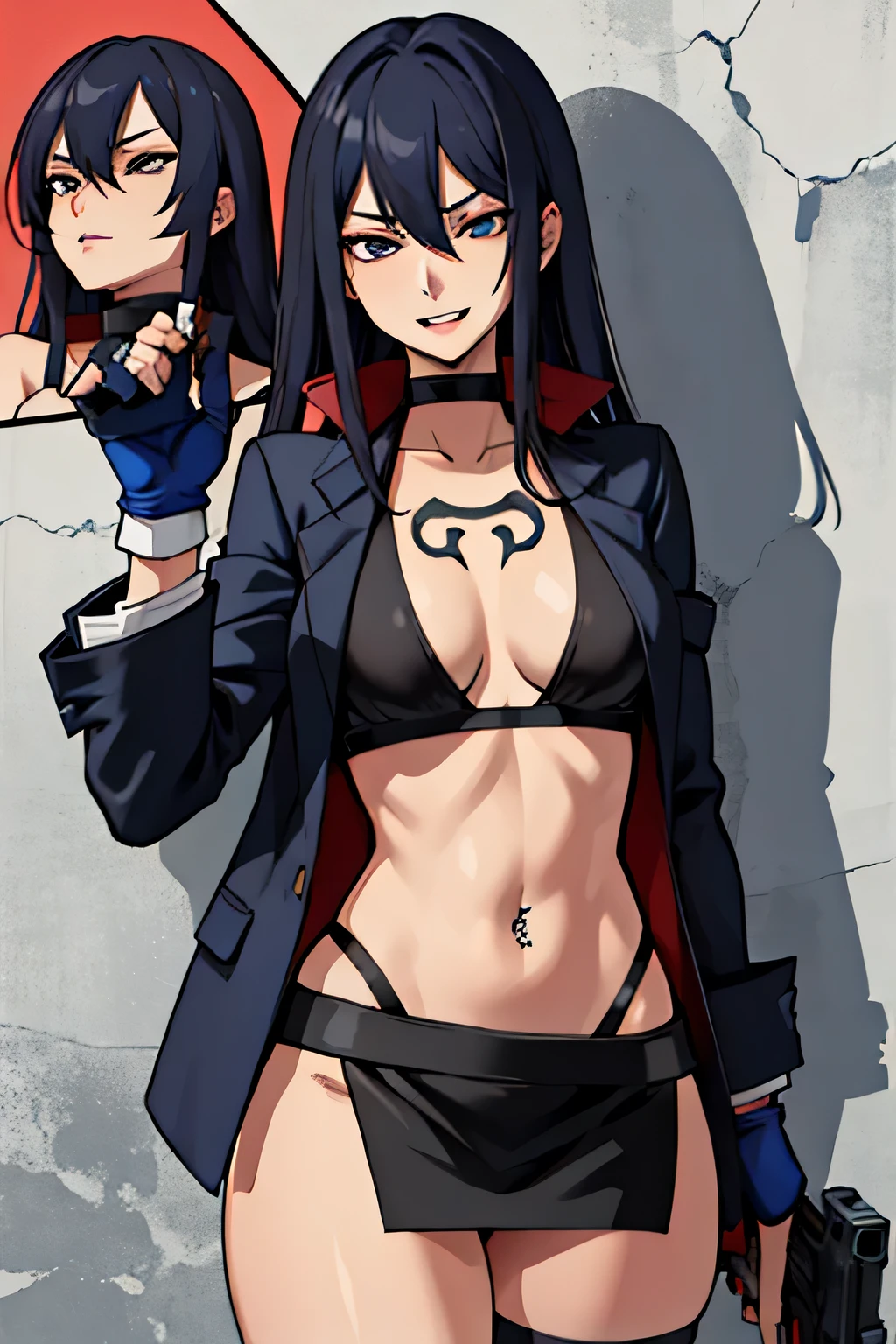 , shikims, 1girl, long hair, gloves, tattoo, masterpiece, best quality, highly detailed, a girls with a gun, open mouth, blazer, sexy gaze, (nsfw) not safe for work, badass pose , evil smile, smile, black bra, anime girl with long hair, long haired girl, navel, evil expression, exposed belly, exposed navel, exposed midriff, exposed lower belly, micro miniskirt, micro pencil skirt, pencil skirt ,holding a gun, outdoor,street,road,, navel piercing