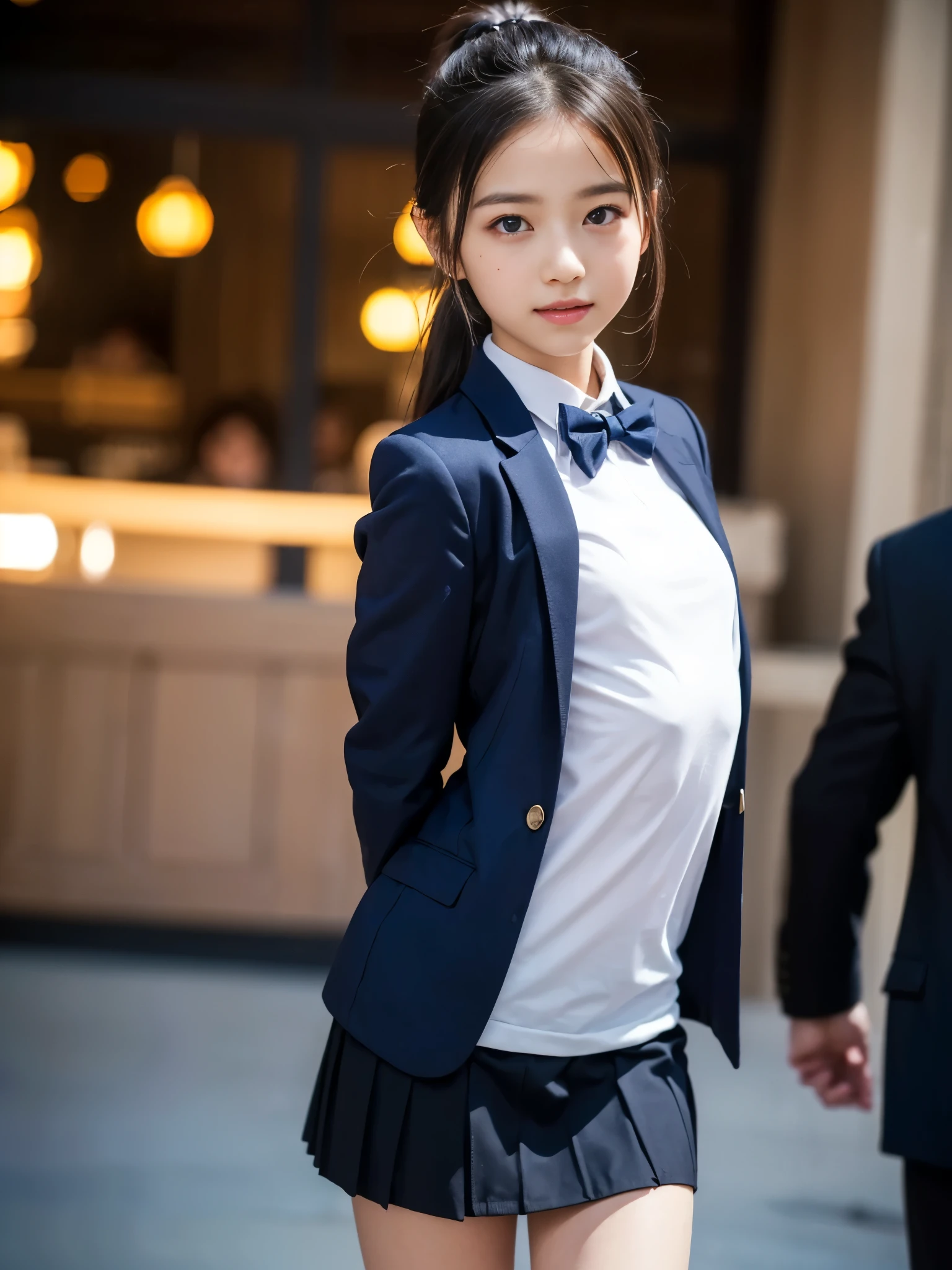 (masterpiece, highest quality:1.4), award-winning portraits, 8K, 85mm, alone, beautiful face, delicate girl, , (dark navy blazer jacket, turn your arms behind your back, close your face:1.2), dark navy skirt, long sleeve, violaces, gardenia, grace, Sophisticated, cute, teen, looking at the viewer, , Raw photo, disorganized, HDR, sharp focus, A bow tie, background bokeh、(((flat 、thin and delicate body、A childish atmosphere)))、shiny semi-long hair、ponytail、Mole on the left cheek、large, round, dark blue eyes、(knee shot)、random pose、the skirt is swaying in the wind、Uplifting