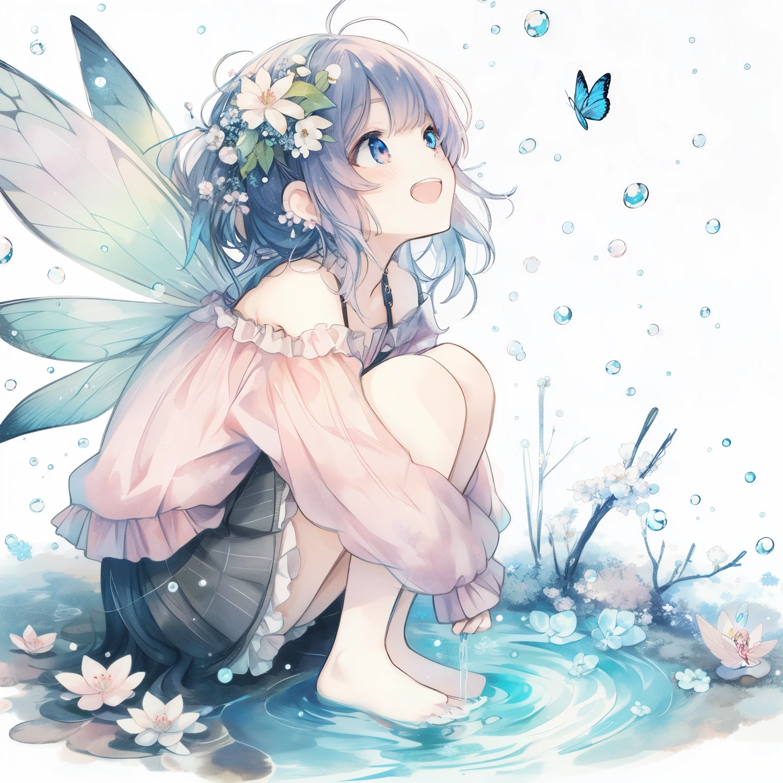 anime fairy sitting in water with butterfly and flowers, water fairy, beautiful anime artwork, by Yuumei, soft anime illustration, beautiful anime, beautiful anime art, cute detailed artwork, faerie, beautiful fantasy anime, anime girl walking on water, beautiful anime girl, cute anime girl, beautiful anime art style, beautiful fairy, beautiful anime style, by Shitao