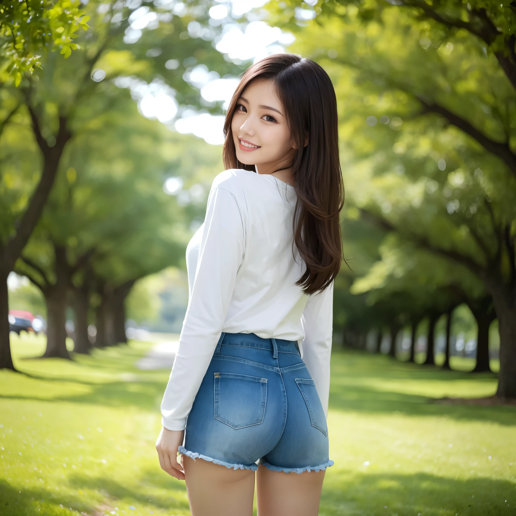 (highest quality、masterpiece、8K、best image quality、hyper realism、Award-winning work)、1 female、(alone:1.1)、(Simple thin tight long sleeve T-shirt:1.1)、(Close-fitting, tight-fitting long-sleeved T-shirt:1.1)、(very short ripped distressed shorts:1.1)、(Beautiful park background with strong blur:1.1)、A large park with the most natural and perfect grass、A perfectly maintained large grassy park、(Standing gracefully:1.2)、(leg pictures:1.2)、(emphasize body line:1.1)、(Slender and beautiful legs:1.25)、(beautiful long legs:1.25)、slender body、(Rear view:1.2)、(Ass facing me:1.1)、(Looking back at me:1.1)、accurate anatomy、perfect makeup、long eyelashes、glossy lips、Ultra high definition glossy skin、(Ultra-high definition bright and beautiful skin:1.1)、超高精細のglossy lips、Super high definition beautiful teeth
