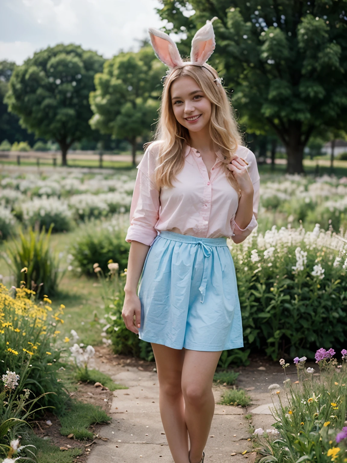 Full body portrait of happy Beautiful blonde 24 years old woman, cute smile, wearing a summer dress, small flowers field, canon 50 mm, sunny day, realistic portrait, highly detailed, analog style, pink shirt, long blue skirt, cute pose, bunny ears diadem, bunny cosplay, realistic 