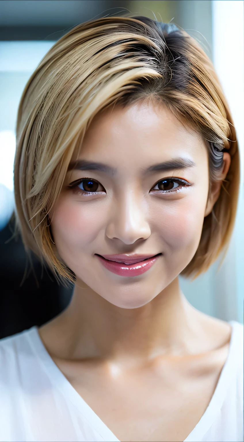 (Masseter muscle part:1.3)、(8K、Photoreal、RAW photo、highest quality: 1.4)、(1 girl)、beautiful face、(lifelike face)、(blonde、short hair:1.3)、beautiful hairstyle、realistic eyes、beautiful details、（real looking skin）、beautiful skin、（thin t-shirt）、absurd、attractive、超A high resolution、surreal、high detail、golden ratio、transparent areola、emphasize the chest、smile with open mouth