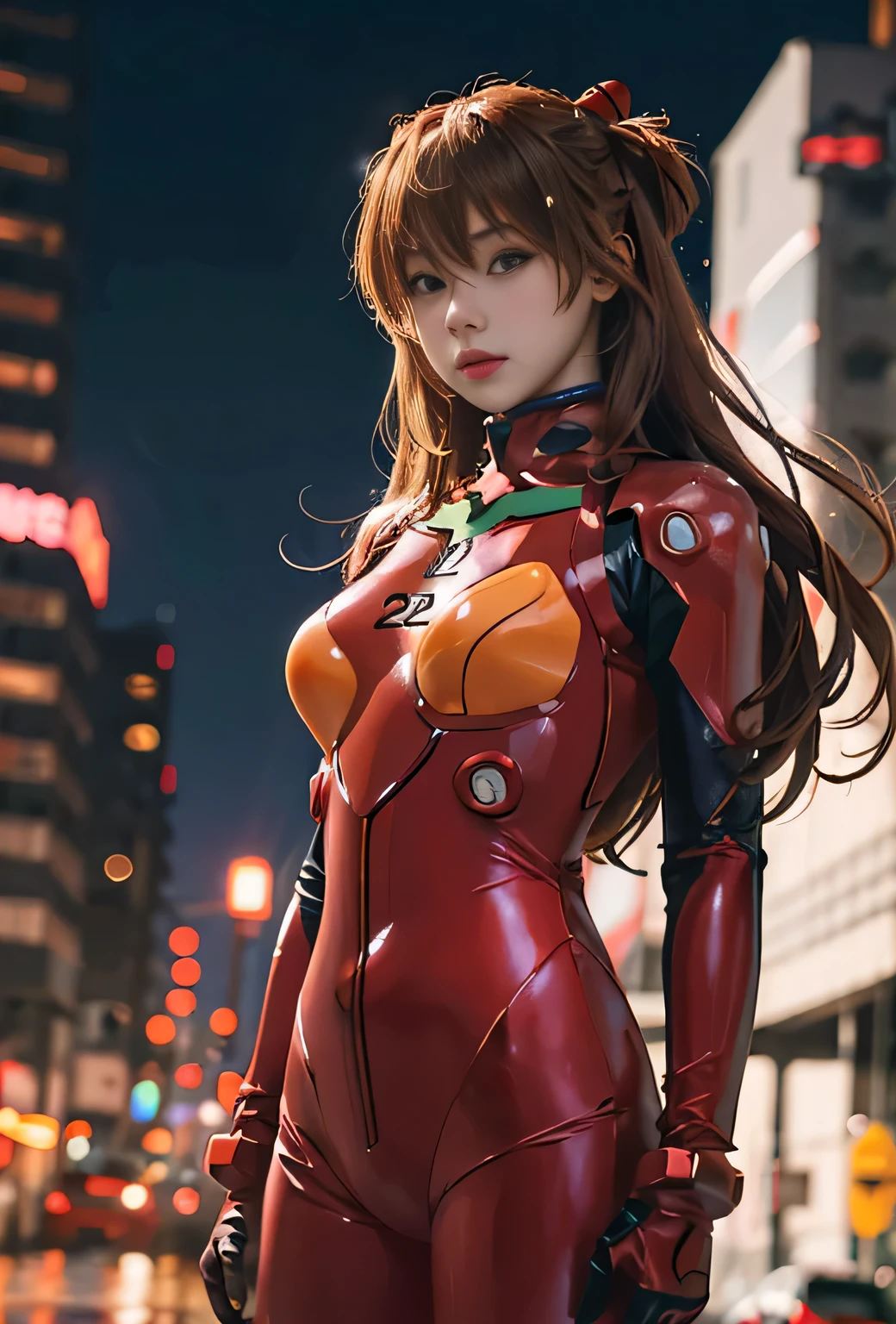highest quality, kusubero redhead, master part, realistic, realistic, 1 girl, alone, show viewer, whole body, Are standing, long hair, asuka fantasy, , plug suit, body suit, hair ornaments, detailed background, in the street, night, light, rain,