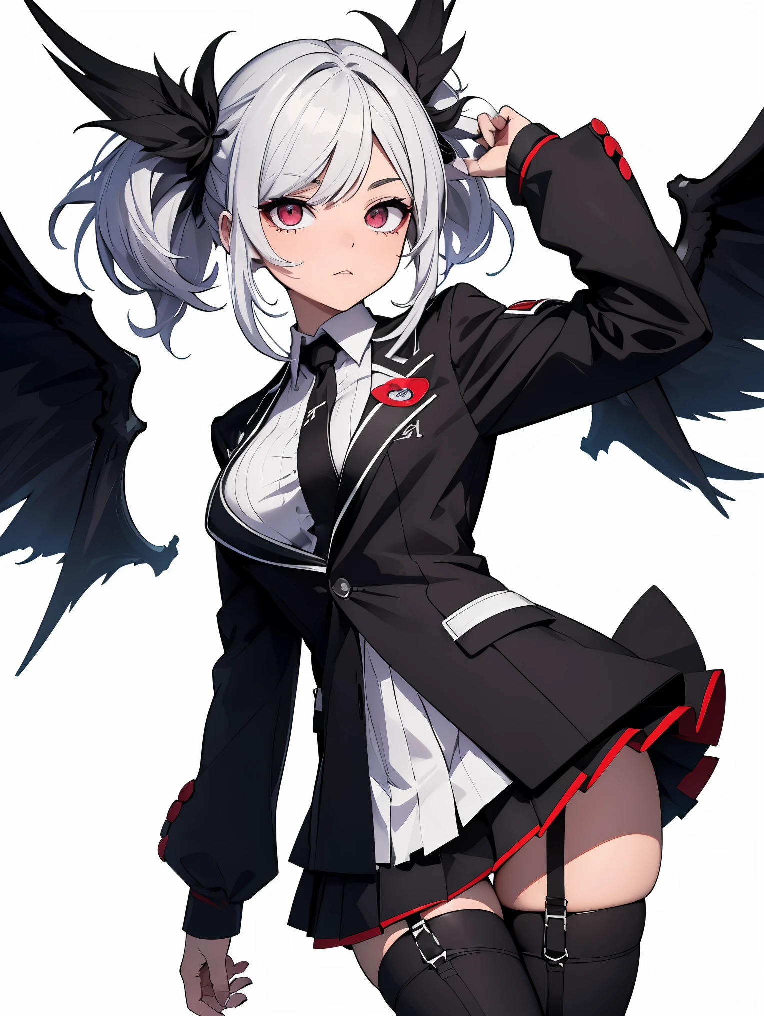 En un fondo blanco una chica con estilo de boku no hero academia. esta volando, tiene el pelo blanco largo y lacio, ojos morados, alas grandes color negro gris y morado ademas de una cola con un corazon invertido al final tipo de diablita. lleva puesto el uniforme de kaneki color negro con  tiene una mascara que le cubre tanto boca y un ojo  tiene medias de red en las piernas y mangas negras largas con dos lineas blancas en la orilla, the skirt connects to the entire suit and has the same black lines at the end and white boots with pockets REST The most appropriate effect for this scene would be an anime-type painting technique to capture the vivid colors and fluidity of movement... ,((detallado)), ((alta calidad)),((bien estructurado)),((anatomically correct)),((buena composicion)), ((buena perspectiva)),((obra maestra)), ( ( detallado outline)),((extremely detallado)),((Arte digital)), Digital Illustration, ((cuerpos bien proporcionados)), high resolution, High Definition, Full definição, full resolution, detallado face, 4k,High Definition, afilado,perfecto,profundidad,with profundidad,sharp focus,profundidad de campo