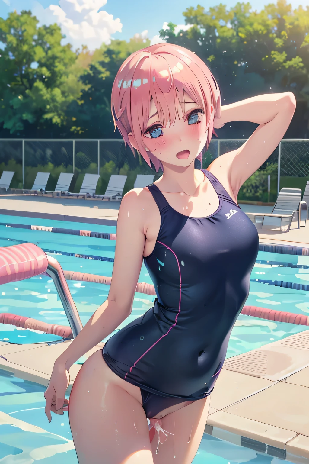 pieces fly、masterpiece、highest quality、Super detailed、High resolution、High resolution、8K portrait、Unity 8k壁紙のHigh resolutionCG、unity 8k wallpaper、cute:1.5、slender body:1.5、Highly detailed CG unity 8k wallpaper、realistic、real person、cute、 portrait photography、shiny skin、High resolution、pink hair short hair、(:1.2)、(1 girl)、(school poolside:1.6)、perfect face, seriously, (blush:1.5),(midium breasts:0.8),(navy blue school swimsuit:1.5),((Orgasm in the vagina:1.5)),((hands behind head:1.3))