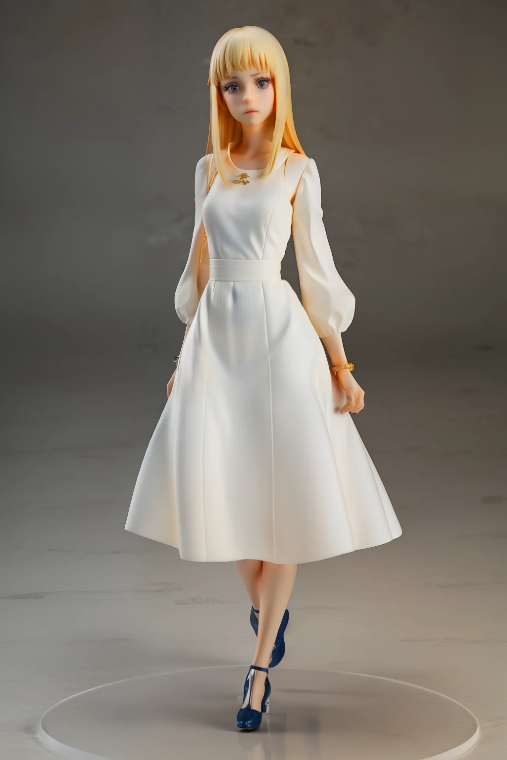 3D figure, Very realistic and detailed 8k image of a 22 years old woman, thin body, pretty, blonde, wearing a white dress from the 60s, 3D model figure, tired expression, hitchhiking on an empty night road