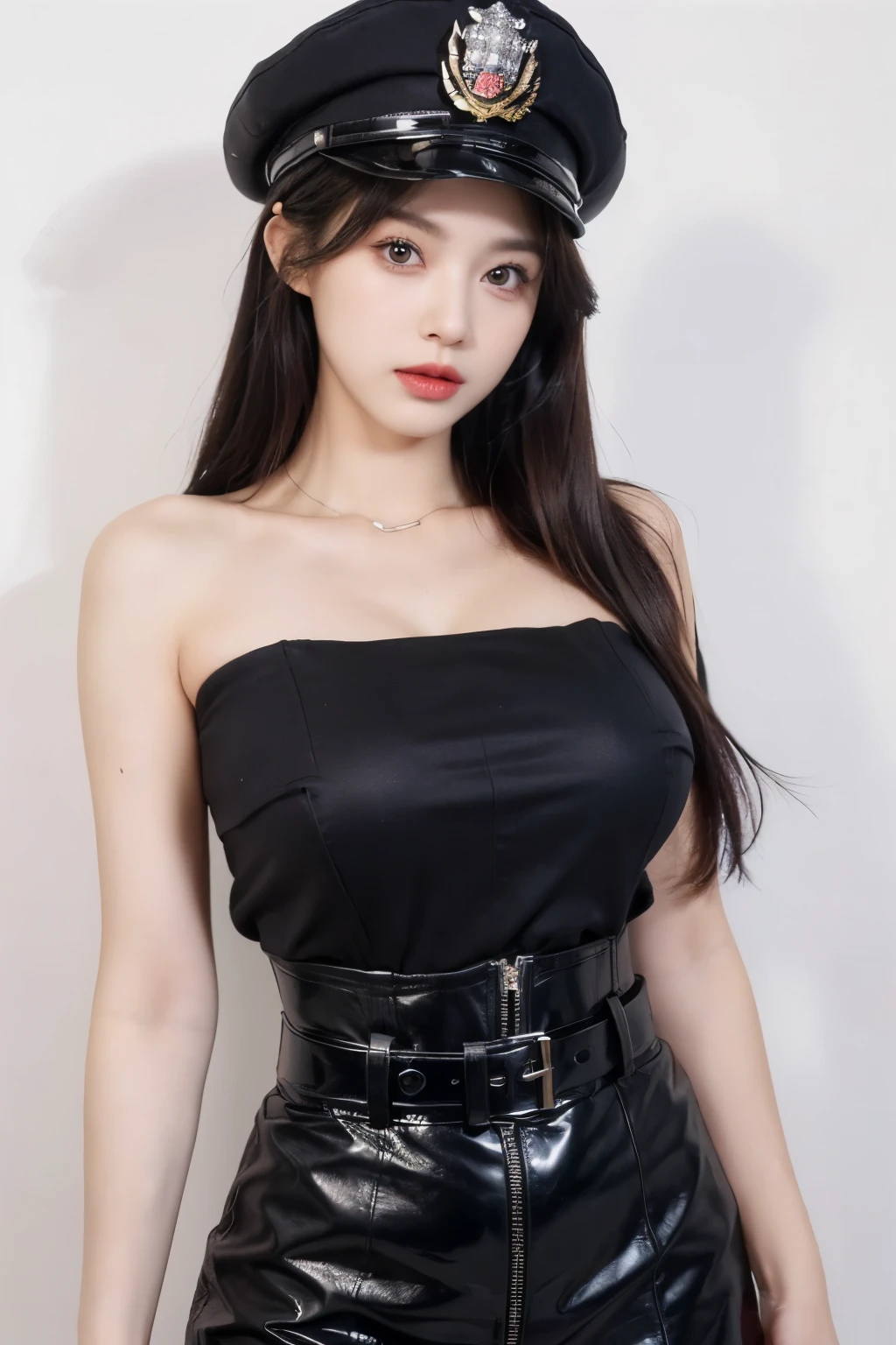 (lifelike,high resolution:1.3), A slim girl, The face shape and eyes are super delicate,black hair,red glossy lips,(beautiful face), (best quality), (Super detailed), (Extremely detailed CG unified 8K wallpaper),(White background),sexy look,big eyes,(standing),sexy pose,Character centered,(female officer),(Deep cleavage),(Black Officer uniform, Black officer hat),(leather skirt),(Officer clothes),(epaulettes),(Photos from the waist up),huge breasts