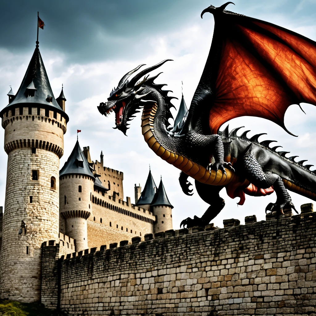 Medieval folklore, Realistic picture, realistic photo. A dragon attacking the castle with many warior fight against it