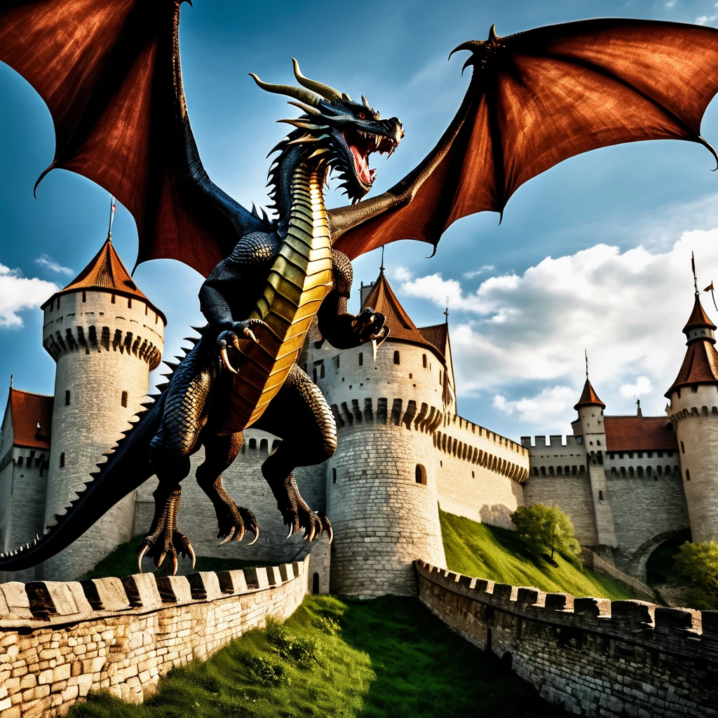 Medieval folklore, Realistic picture, realistic photo. A dragon attacking the castle with many warior fight against it