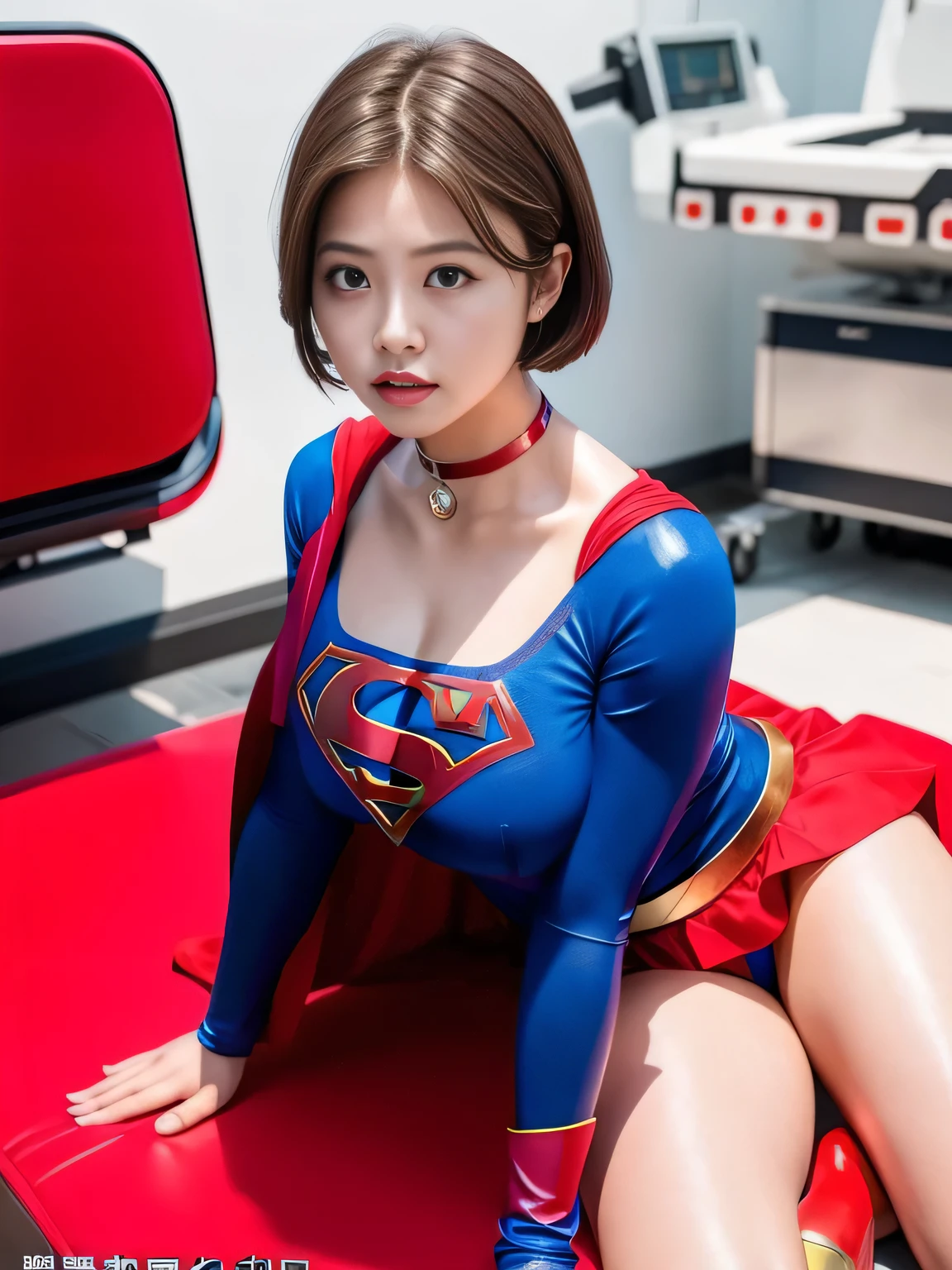 masterpiece、supergirl costume、short hair、barefoot、big and full breasts、operating room、operating table、straddle、corrupted、shiny、look at the camera、Seduce、choker、red mini skirt、long sleeve、Weekly magazine cover、sweaty、