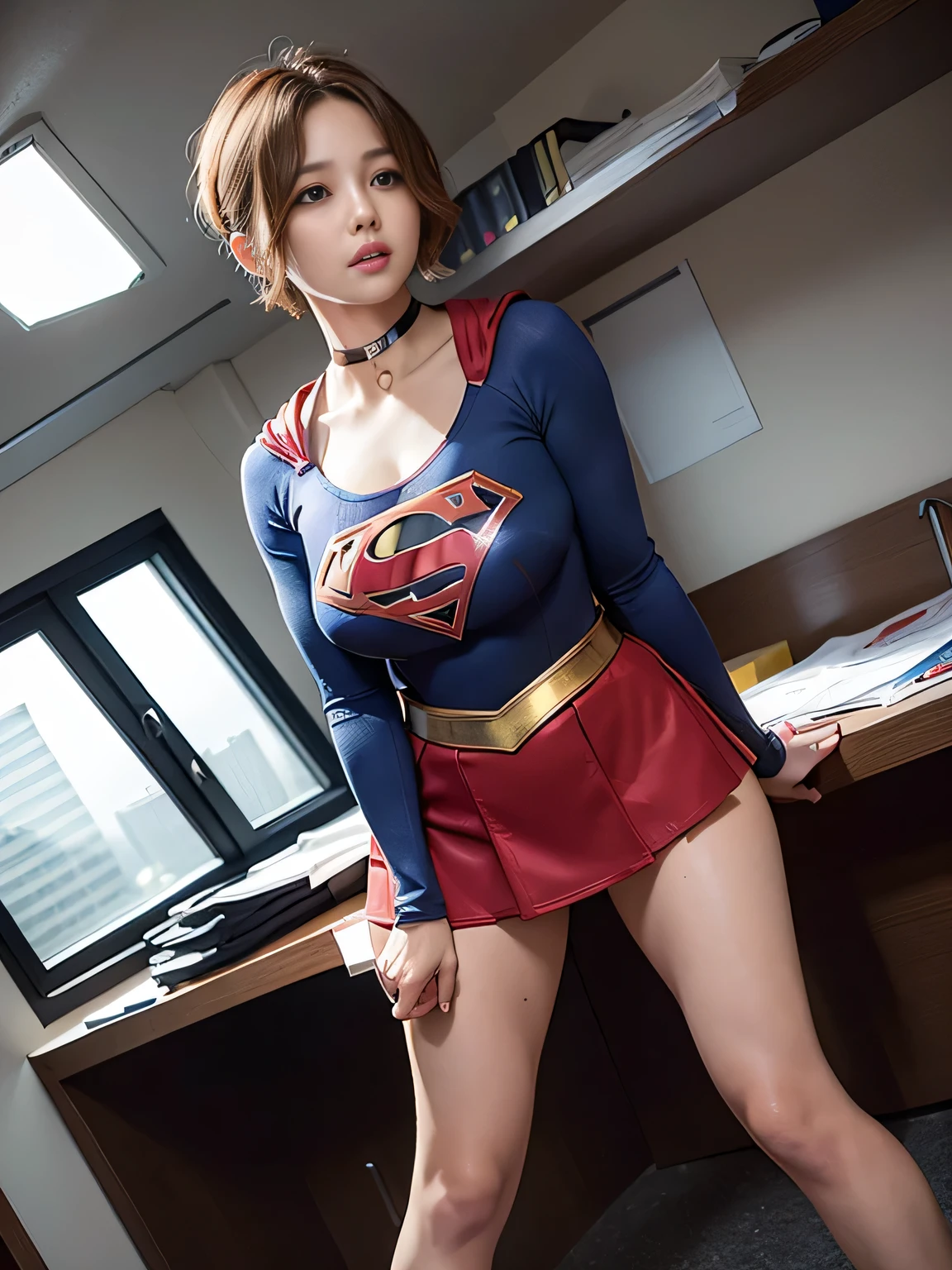 highest quality、masterpiece、Short-haired Supergirl sleeping in the operating room、plump breasts、look at the camera、choker、barefoot、Weekly magazine cover、High leg、red mini skirt、long sleeve、tight costume、confused、wide open legs、obscene、Show me a glimpse、model body shape、sweaty、