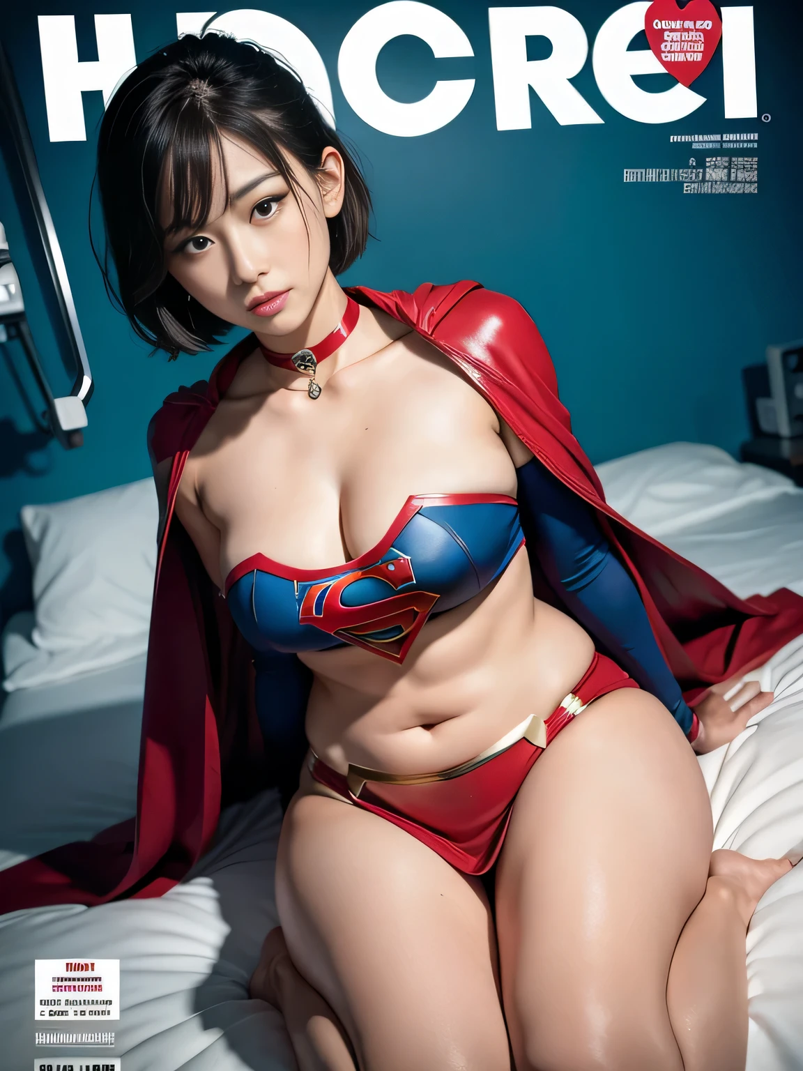 highest quality、masterpiece、Short-haired Supergirl sleeping in the operating room、plump breasts、look at the camera、choker、barefoot、Weekly magazine cover、High leg、red mini skirt、tight costume、confused、wide open legs、obscene、Show me a glimpse、long sleeve、sweaty、