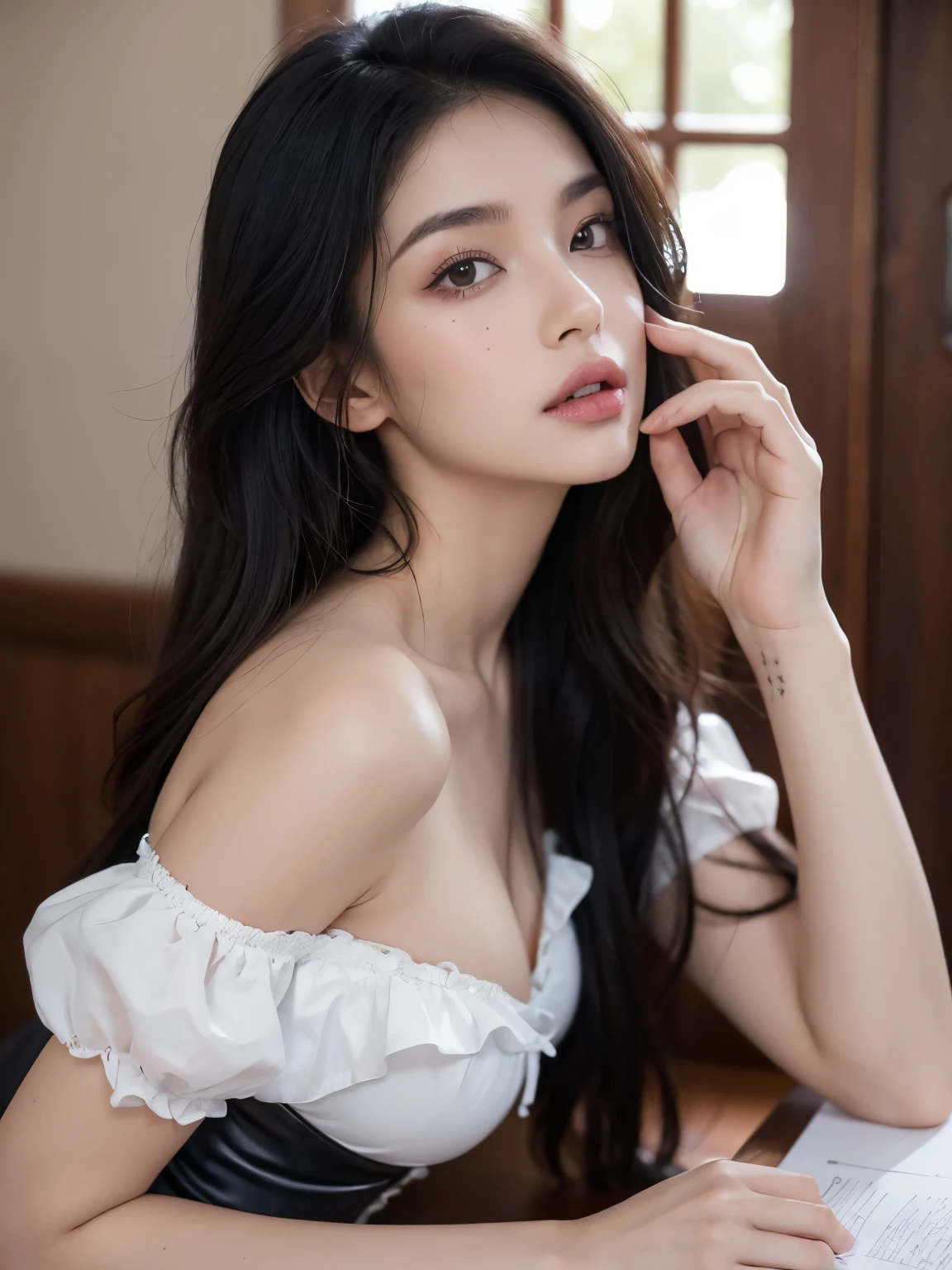 (Ultra Realistic), (Illustration), (High Resolution), (8K), (Very Detailed), (Best Illustration), (Beautiful and Detailed Eyes), (Best Quality), (Ultra Detailed), (Masterpiece), (Wallpaper), (Detailed Face), One Girl, Look Front, Fine Details, Detailed Face, Low Key, pureerosfaceace_v1, Dark Eyeliner, Bangs, Big, (Best Quality, 8k, 32K, Masterpiece) 1gril, brown ponytail, large breasts, (detailed white loose shirt: 1.5), shorts, cleavage, shirt with white collar, necklace, (detailed lace bra: 1.1), (slouch: 1.8), smile, get on all fours, look down,