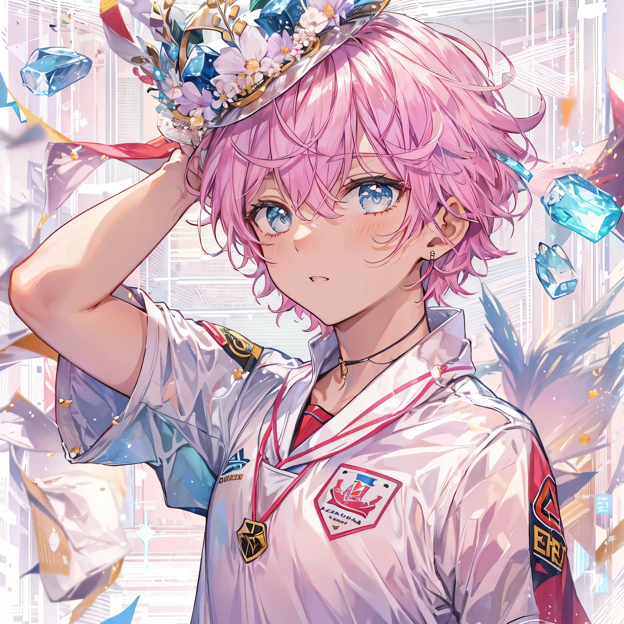 (solo,1boy, masculino),(soccer uniform),aquamarine eyes, Campo de futebol, pink short hair, crown over the head