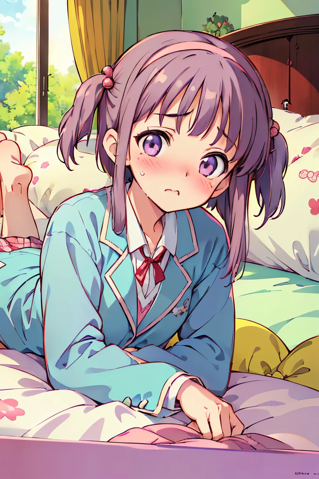 high quality、high resolution、masterpiece、(anime,anime style),(from avobe,bedroom,on bed,lying on bed,blush,troubled face:1.5),nanako_th2, 1girl, hair bobbles, hairband, two side up, purple hair, purple eyes,blue blazer, yellow shirt, red ribbon, plaid skirt, frills,undressing