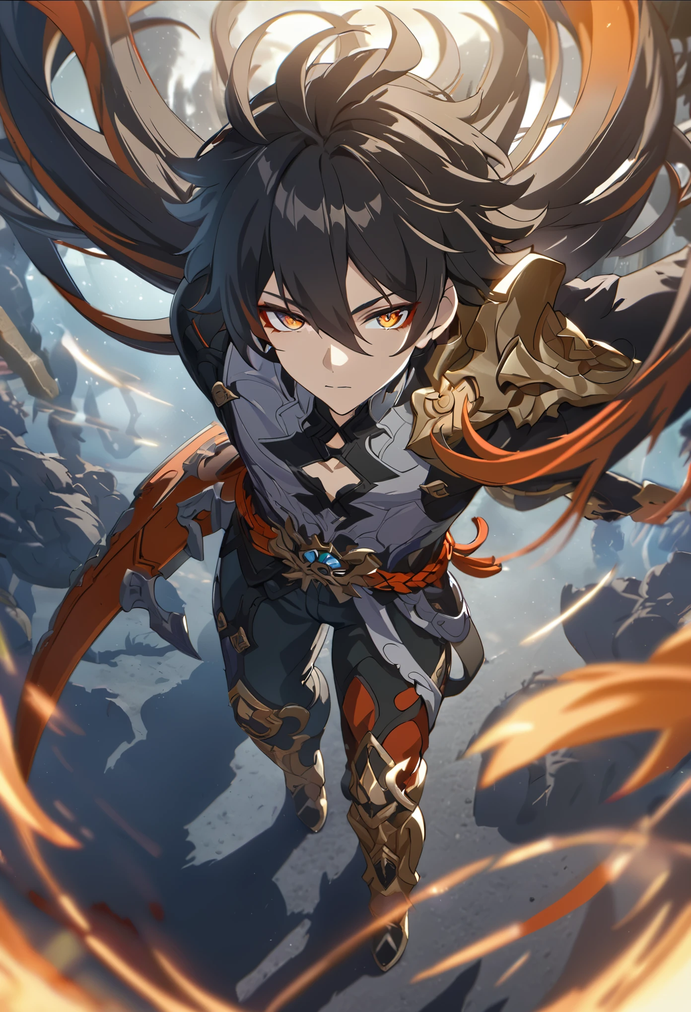 ((solo)), (man), dark orange eyes, black hair, very long hair, messy hair, dark orange colored inner hair, a close up of a person with a sword in a desolate land surrounded by demons and monsters, a burning battlefield, epic, detailed key anime art, honkai star trail character, casimir art, masamune shiro, masamune, handsome guy in demon slayer art, genshin, heise jinyao, shadowverse style, (no logos), DOOM hell, black powers, red infernal scenery, detailed clothes, eye reflection, depth of field, cinematic lighting, ray tracing, depth of field, cinematic lighting, ray tracing, UHD, high details, best quality, highres, high quality, award winning, super detail, masterpiece, 8k, UHD, high details, best quality, highres, high quality, award winning, super detail, masterpiece, 8k, digital art, anime coloring