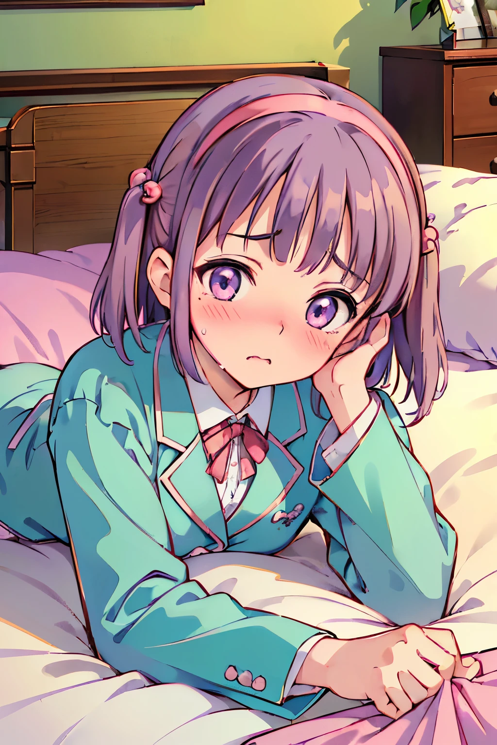 ((masterpiece, best quality, absurdres, ultra detailed, 8K,)) a girl, medium hair, twintail, brown hair,blue hair ribbons, purple eyes,pink pajamas, front view, cowboy shot, (from above),BREAK, fear, embarrassed, looking at viewer, with tears in eyes, wariza,on bed,in bedroom,
