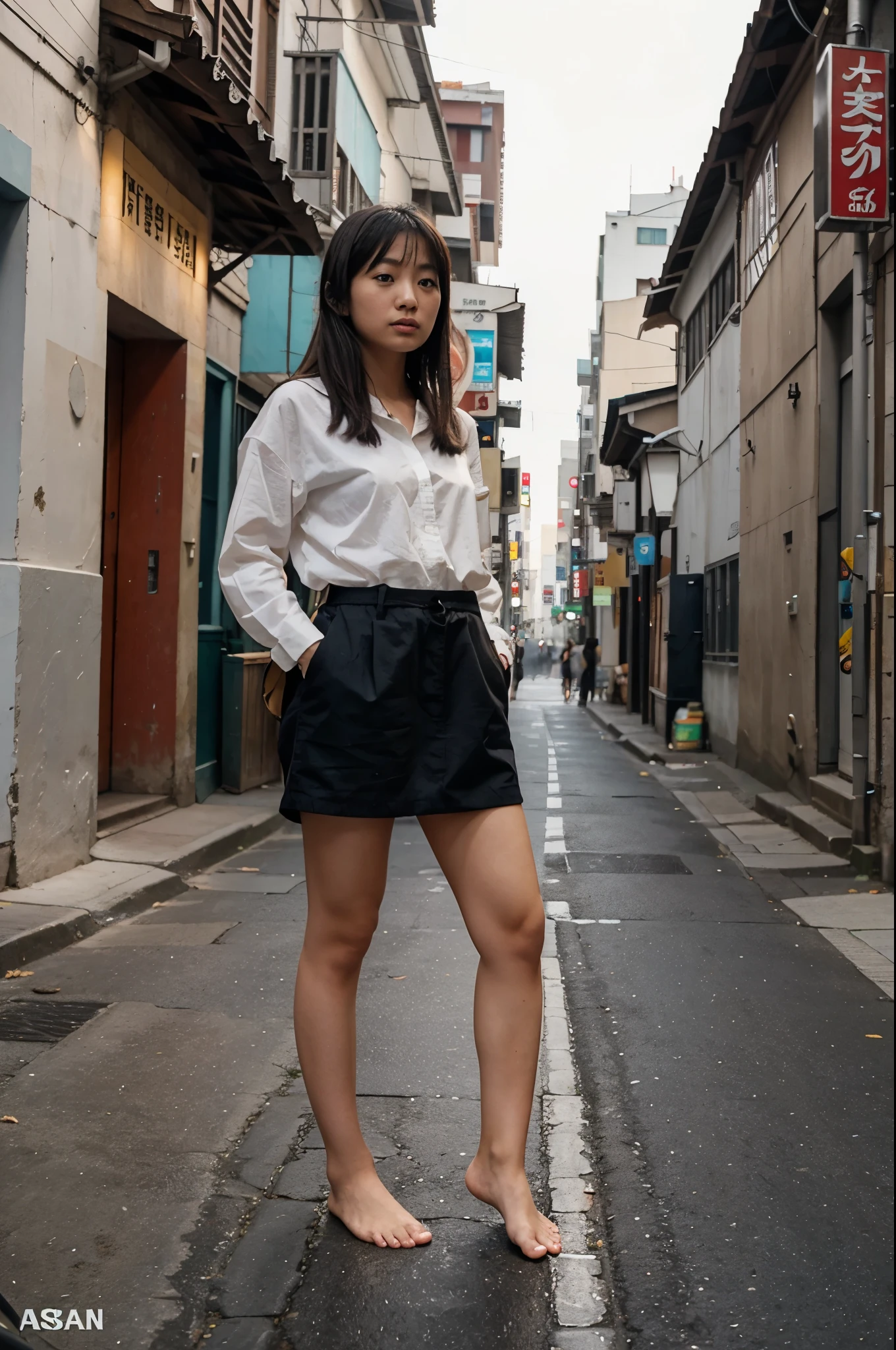 Asian girl standing on the street, barefoot