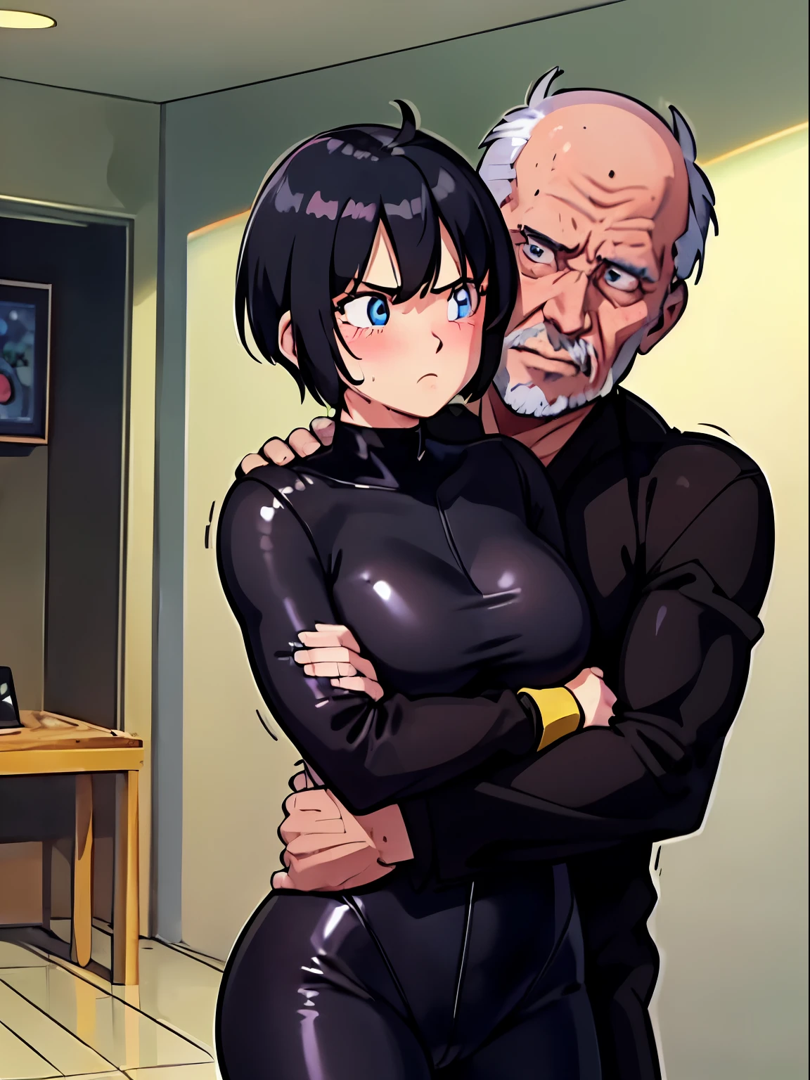 1 girl,((Girl hugged by old man:1.4)),((Black tight suit:1.4)),blush,embarrassing,serious face,blue eyes,Sweat,black hair,spike hair,(boyish girl:1.4)),big breasts,Research room,