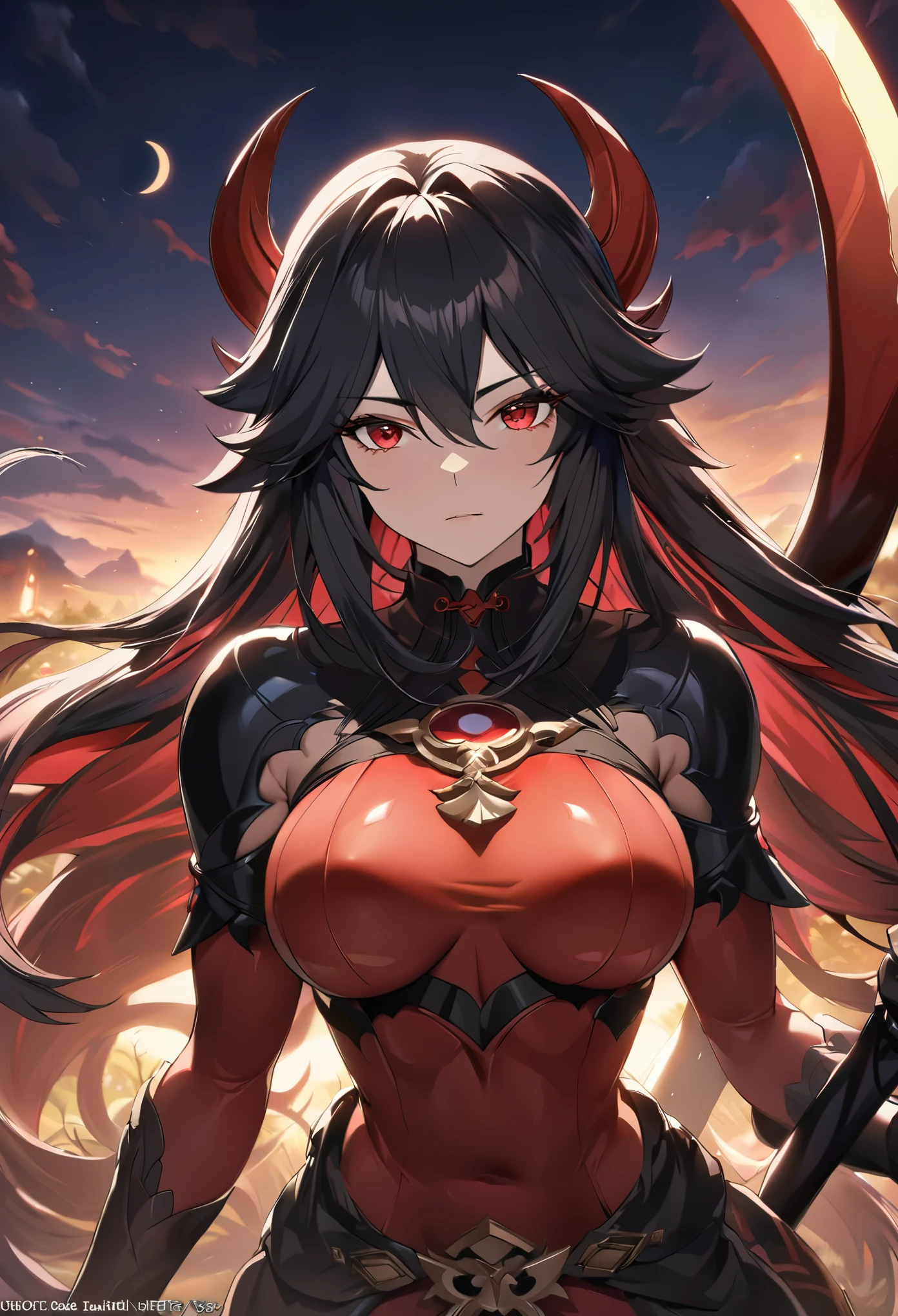 ((solo)), (woman), light tanned skin, cherry red eyes, raven black hair, very long messy hair, vibrant red colored inner hair, (sculpted body), medium-big breasts, thick, mature body, a close up of a person with a scythe in a desolate land detailed key anime art, acheron, casimir art, masamune shiro, masamune, beautiful woman in demon slayer art, genshin, heise jinyao, shadowverse style, (no logos), eclipse, black powers, twilight scenery, detailed clothes, eye reflection, depth of field, cinematic lighting, ray tracing, depth of field, cinematic lighting, ray tracing, UHD, high details, best quality, highres, high quality, award winning, super detail, masterpiece, 8k, UHD, high details, best quality, highres, high quality, award winning, super detail, masterpiece, 8k, digital art, anime coloring