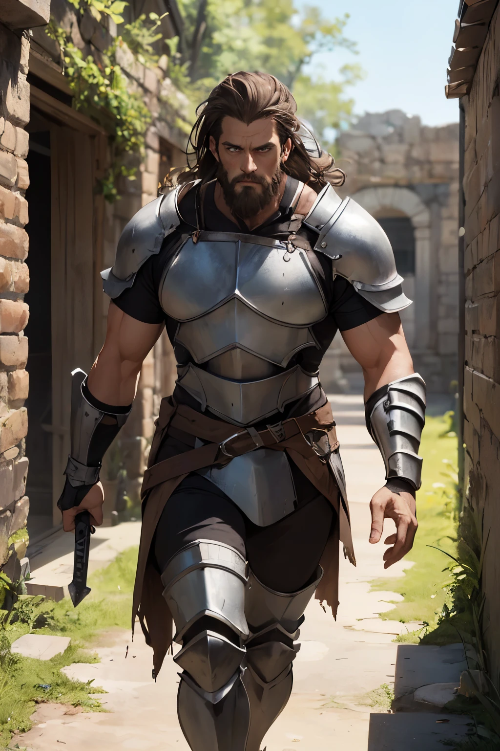 Gere uma imagem de um homem cavaleiro rebelde, with lightly tanned skin and a tall, robust physique, aparentando ter cerca de quarenta anos de idade. He has shoulder-length brown hair and beard., levemente desgrenhados, giving it a rustic appearance. The man is dressed in broken and rusty armor that covers his entire body showing the metal mesh underneath., His right arm is scarred and holds a huge long broadsword., com rachaduras e sinais de uso intenso. The scene must portray the knight in an environment of ancient ruins, with a given expression ((Melhor qualidade)), ((obra de arte)), (detalhado).