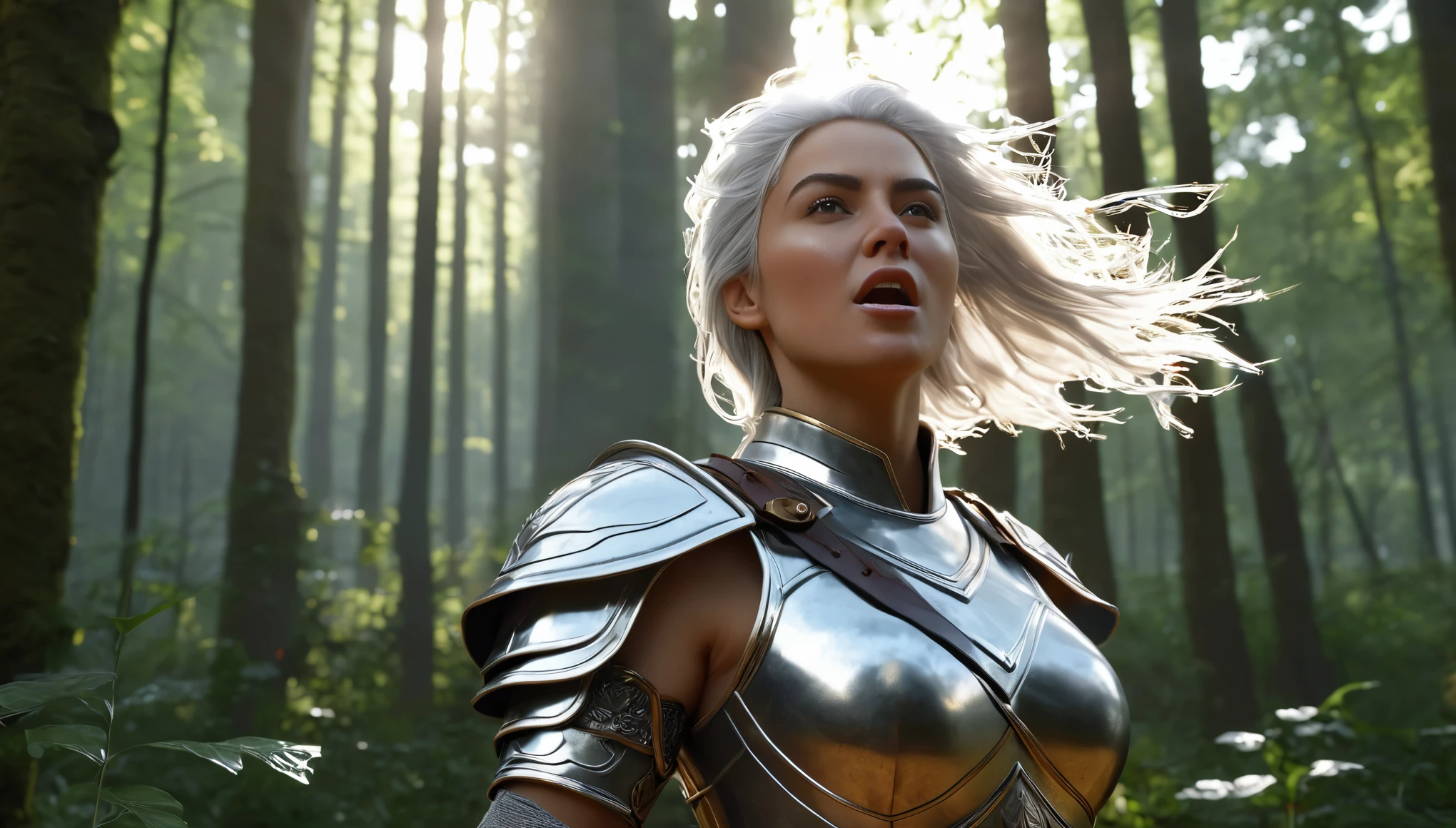 (A girl in a forest transforming like she ra), screaming, furious, extending her sword, white hair, silver armor, aura of sun around her, medieval fantasy, (best quality, 4k, 8k, high resolution, masterpiece 1.2), ultra detailed, (realistic, photorealistic, photorealistic 1.37), ethereal image, (best quality, 4k, 8k, high resolution, masterpiece: 1.2), ultra detailed, (realistic, photorealistic, photorealistic: 1.37), warrior woman
