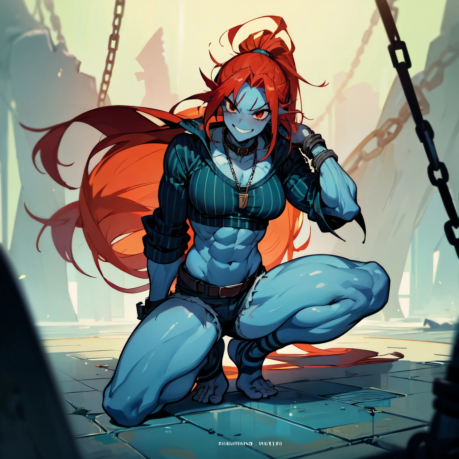 undyne，dirty ponds, Anime，prisoners, penalties，In a cage，full body，Keep  chest up and head up，plump and tall woman，grimace teeth and grin, binding band，handcuffs，weating profusely, limb restraint，large breasts，bound，Blue skin, shark teeth，Fish gill，canon ，fanon ，green striped sweater ，(shorts ，thong),red eyes ，(red hair，yellow hair， eicolor hair，extra long hair, messy hair)，barefoot， green thong ，blush ，locket ，scoop neck，leg rings, ankle shackles, chains，collared ，saliva，squatting，burning scars and scars on the body，the thighs and calves are tied together by the same belt，spread legs apartwhite jacket，collar，opening on the clothes，Show muscles and abdominal muscles ，sexy muscles，blue muscles, abdominal muscles，toes，floor tiles，Iron chains，seduction