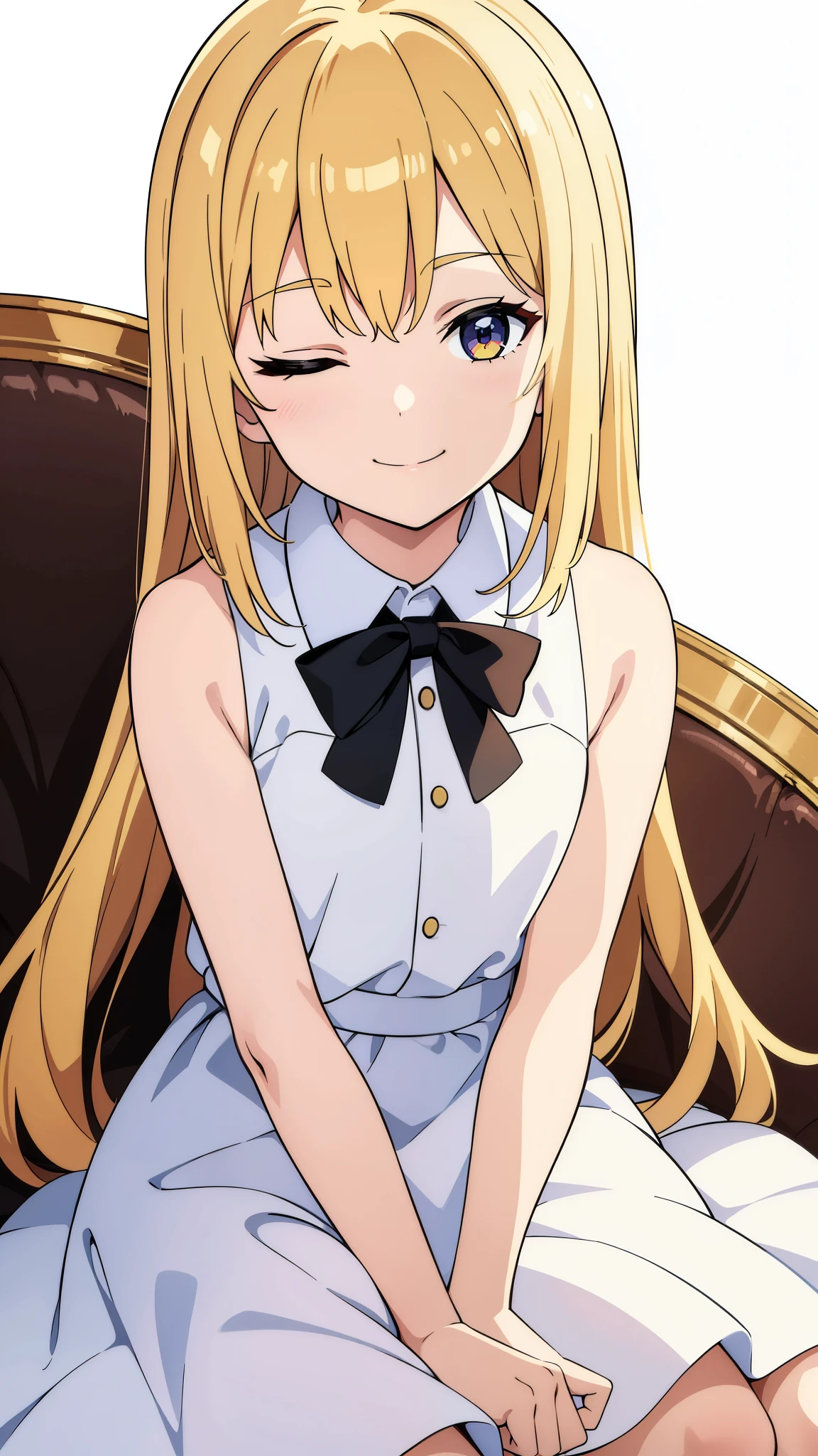 (1girl,8 years old,small),blonde hair,long hair,white dress, sleeveless, bow tie, bare shoulders,smile,((white background)),one eye closed,smile,sitting