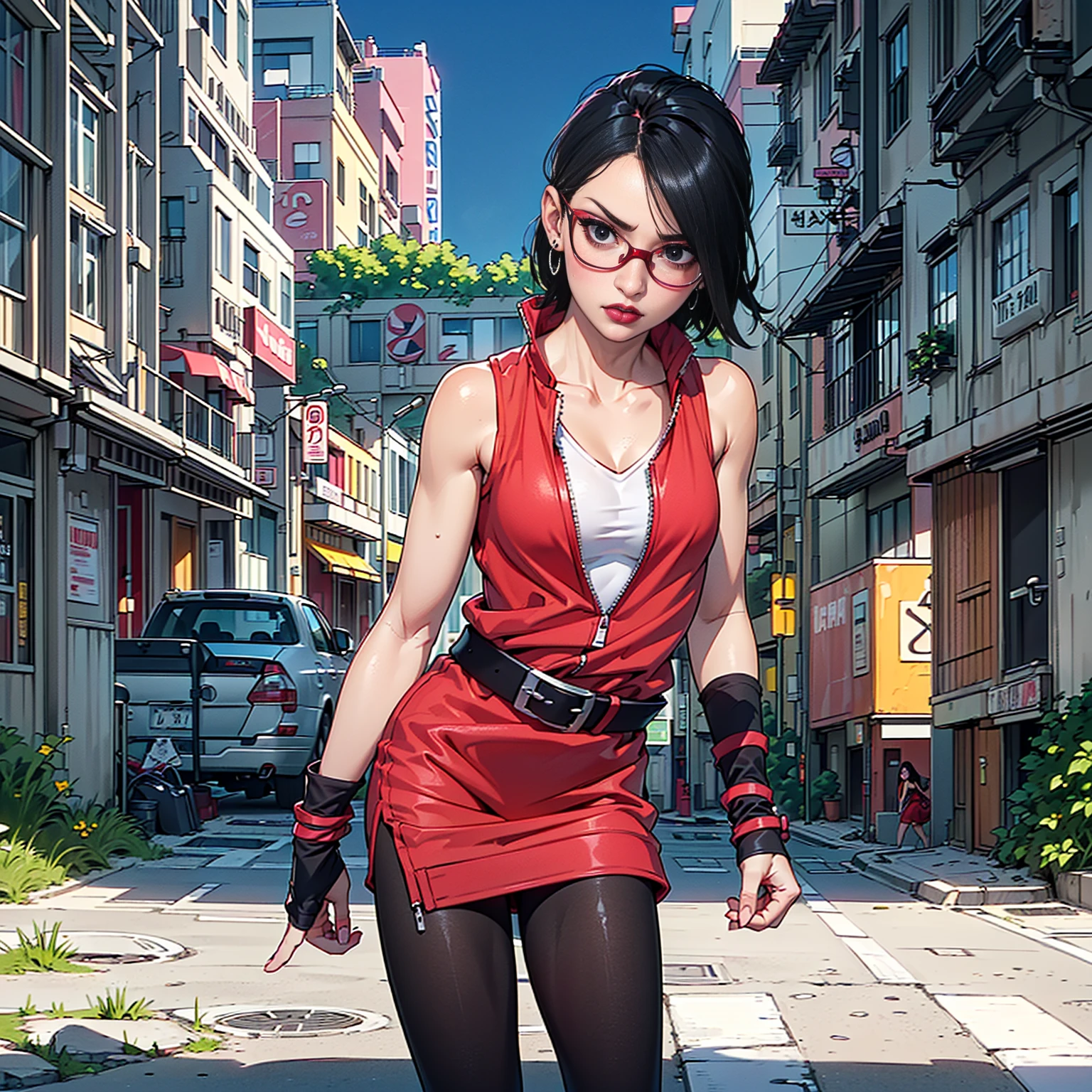 (1girl, solo, alone), (WakatsukiRisa, Sarada Uchiha, black hair, short hair, black eyes, red glasses), ((solo, (1woman, ((small bust)), pink lipstick, black eyes), Extremely detailed, ambient soft lighting, 4k, perfect eyes, a perfect face, perfect lighting, a 1girl)), ((fitness, shapely body, athletic body, toned body)), ((intimidating looks, intimidating expression, red dress, white top, white sports top, black belt, pantyhose, black shoulder straps, earrings, buckle belt, city background, abandoned city, in the sock from the street, city taken over by nature))