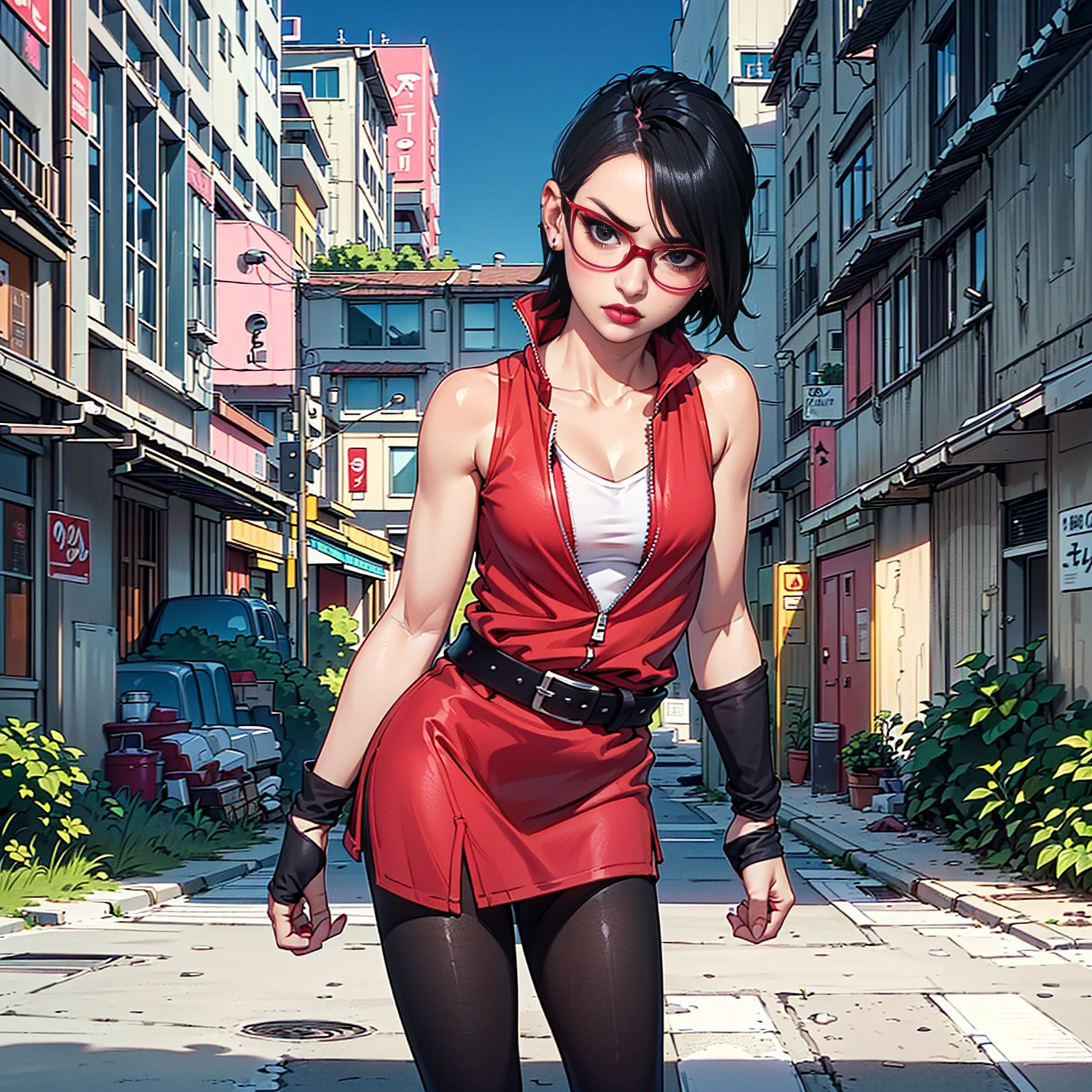 (1girl, solo, alone), (WakatsukiRisa, Sarada Uchiha, black hair, short hair, black eyes, red glasses), ((solo, (1woman, ((small bust)), pink lipstick, black eyes), Extremely detailed, ambient soft lighting, 4k, perfect eyes, a perfect face, perfect lighting, a 1girl)), ((fitness, shapely body, athletic body, toned body)), ((intimidating looks, intimidating expression, red dress, white top, white sports top, black belt, pantyhose, black shoulder straps, earrings, buckle belt, city background, abandoned city, in the sock from the street, city taken over by nature))
