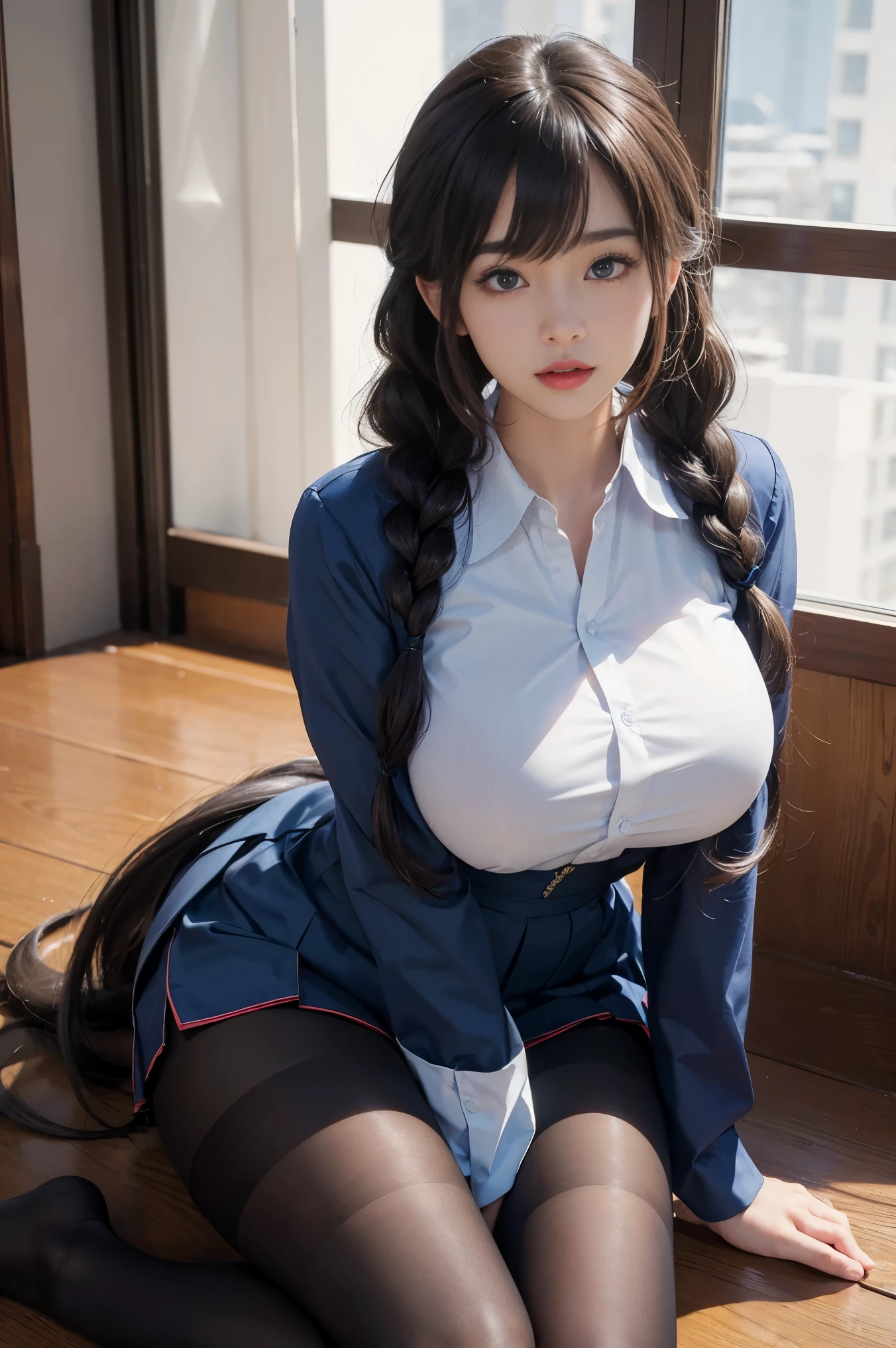 highest quality, 8K image quality, masterpiece, Professional shadowless lighting,,8k wallpaper, highly detailed, illustration, Two Asian girl two braids hair, hot thick red lips Extremely detailed 4k eyes and face, beautiful beautiful blue eyes, with huge breasts 1.3 bewitching thighs full body and big tail, soft smile, in school uniforms with pantyhose posing sexy for a photo, A hyperrealistic , Hyperrealistic , Realistic , anime girl in real life, girl anime cosplay, dressed as a , Japanese Goddess, realistic, cute schoolgirls,