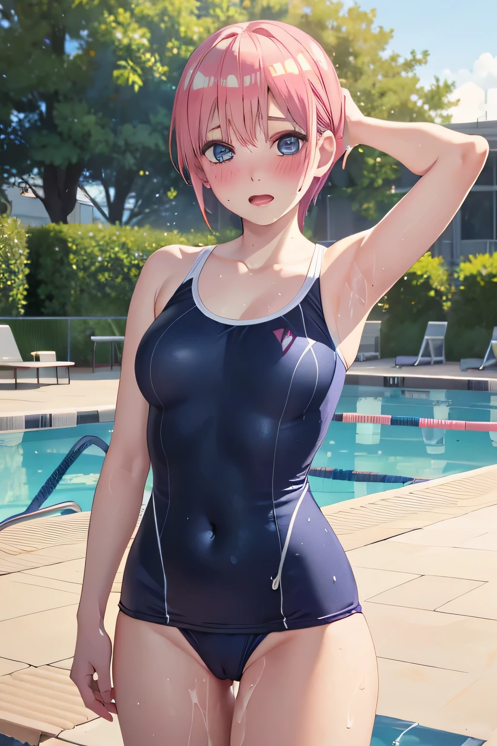 pieces fly、masterpiece、highest quality、Super detailed、High resolution、High resolution、8K portrait、Unity 8k壁紙のHigh resolutionCG、unity 8k wallpaper、cute:1.5、slender body:1.5、Highly detailed CG unity 8k wallpaper、realistic、real person、cute、 portrait photography、shiny skin、High resolution、pink hair short hair、(:1.2)、(1 girl)、(school poolside:1.6)、perfect face, seriously, (blush:1.5),(midium breasts:0.8),(navy blue school swimsuit:1.5),((Orgasm in the vagina:1.5)),((hand behind head:1.3))