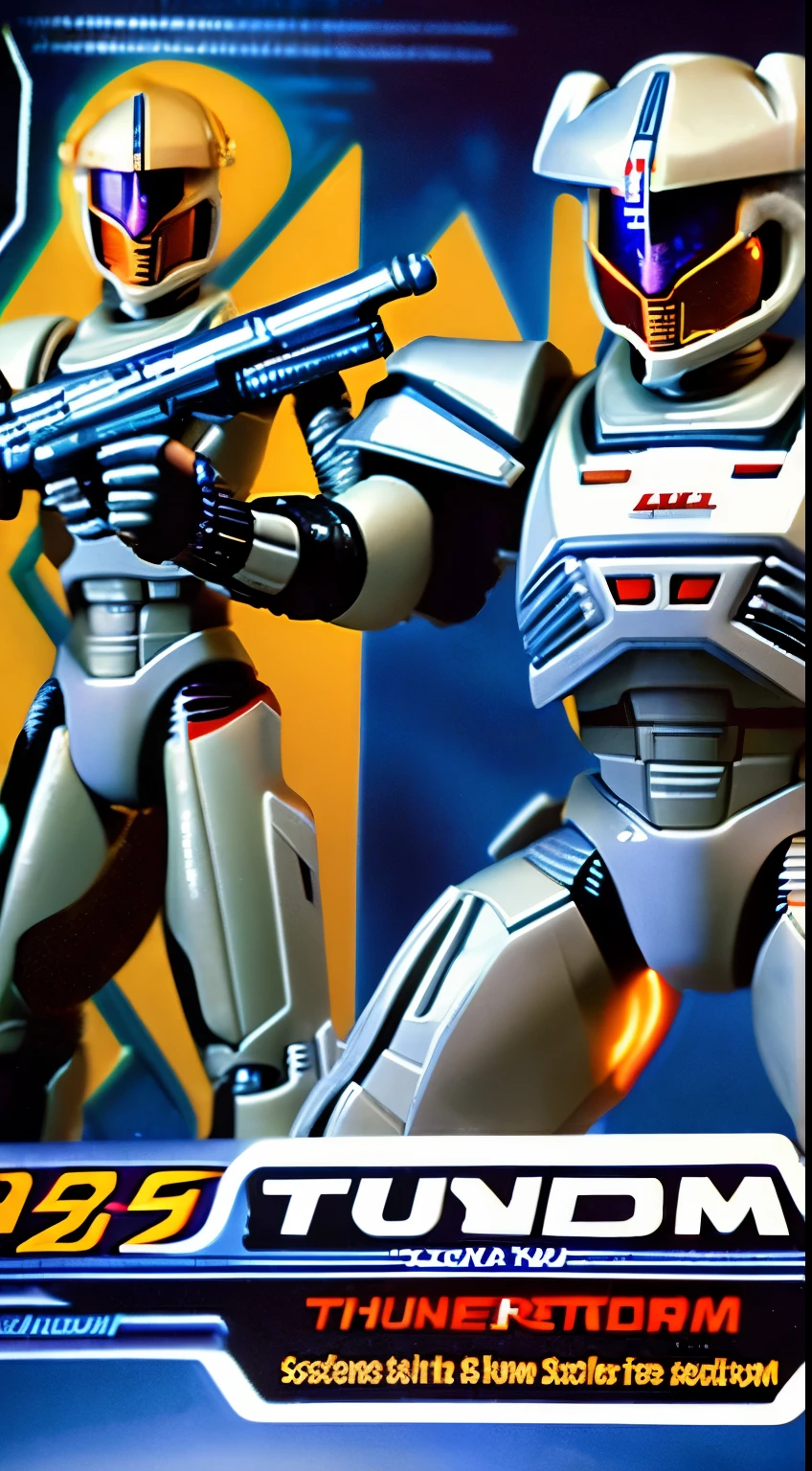 1989 "thunder Schtorm" 2 action figure and high-tech robot packaging from Action figure line based on the Alien movie, Gray-based packaging, Action figure line based on the Alien movie, Outlaw space fighter with big lazer gun, 1979,