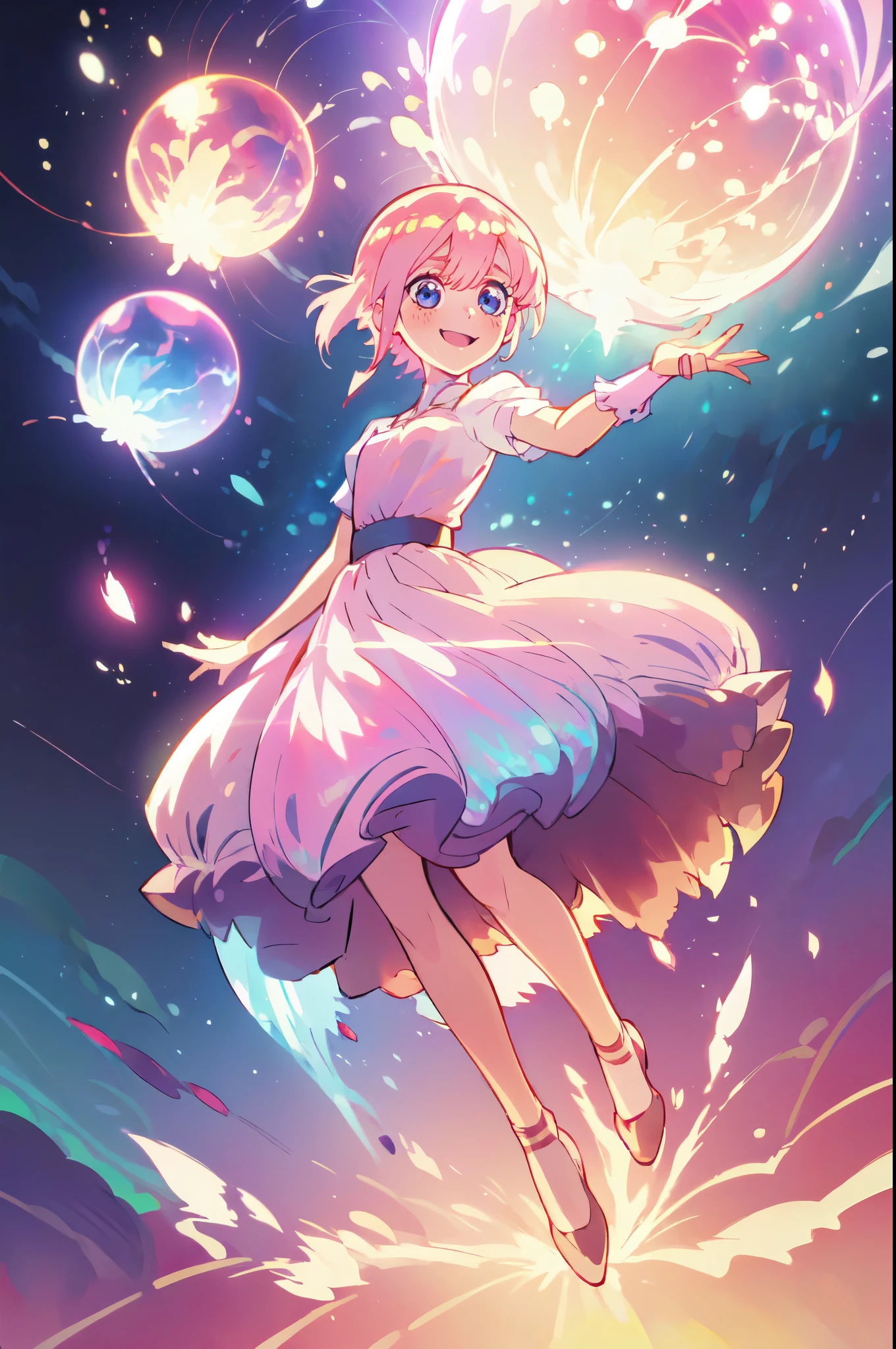 Ichika Nakano, short pink shiny hair, dynamic pose, soft expressive face,, sweet face, smile, iridescent, ((ballgown iridescent), colorful fantasia background, watercolor illustration, 4k, neat lineart