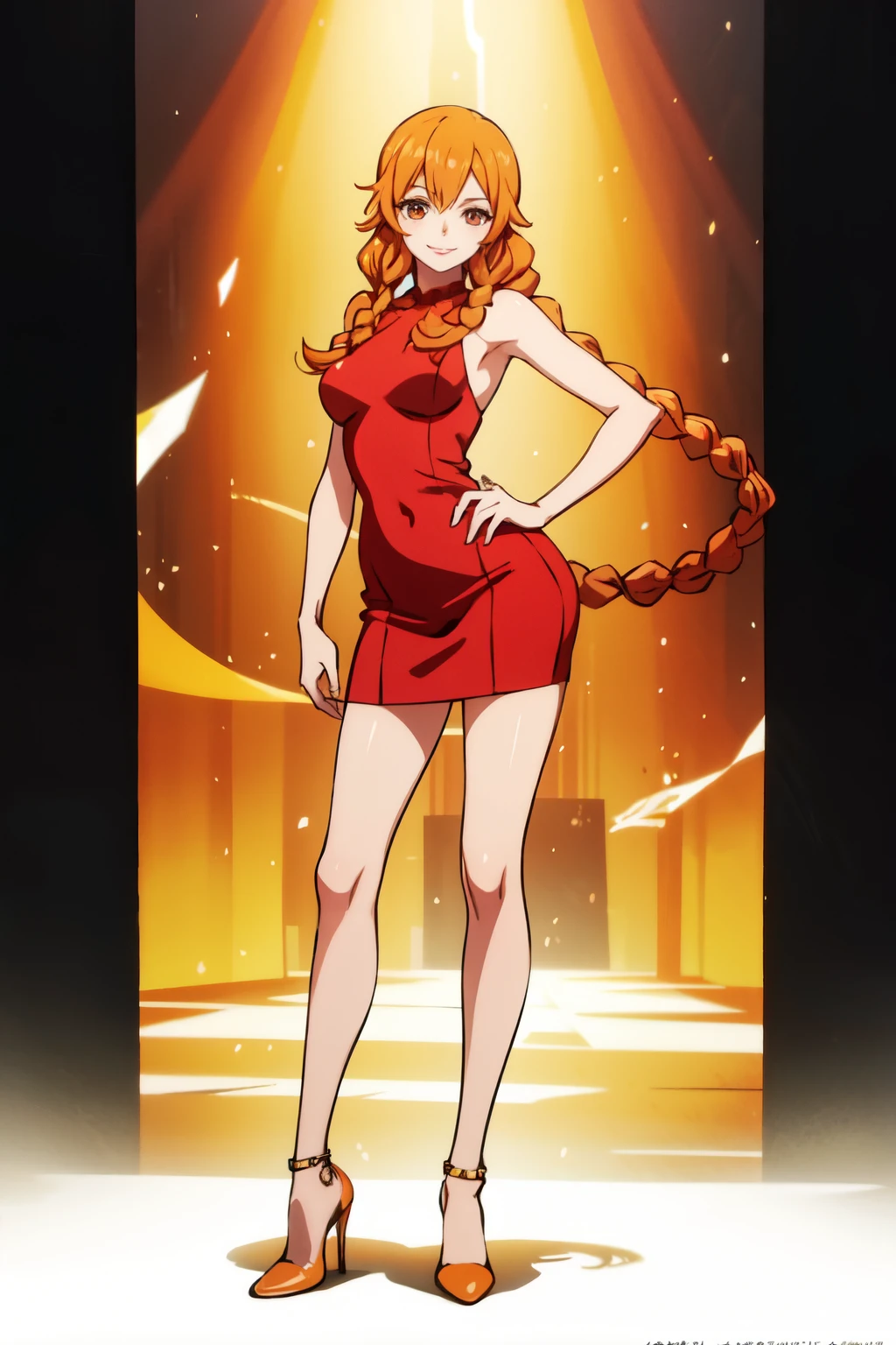 ((best quality)), ((masterpiece)), (detailed), perfect face, nami, red dress, full body, red heels, long hair with braids on sides, orange hair, orange eyes, extremely detailed, anime, 8k quality, standing, luxury room, detailed eyes, beautiful eyes, looking at viewer, soft skin, smiling, cute, eyelashes, eyebrows, best quality