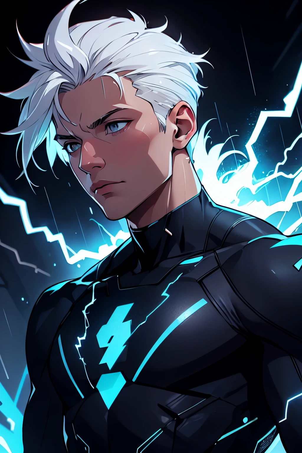 masterpiece,best quality,ultra-detailed,1boy,blue lighting,blue electricity,wrapped in electricity all over the body,black_background,rain,white hair,white