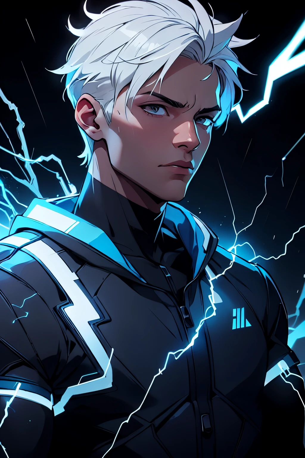 masterpiece,best quality,ultra-detailed,1boy,blue lighting,blue electricity,wrapped in electricity all over the body,black_background,rain,white hair,white