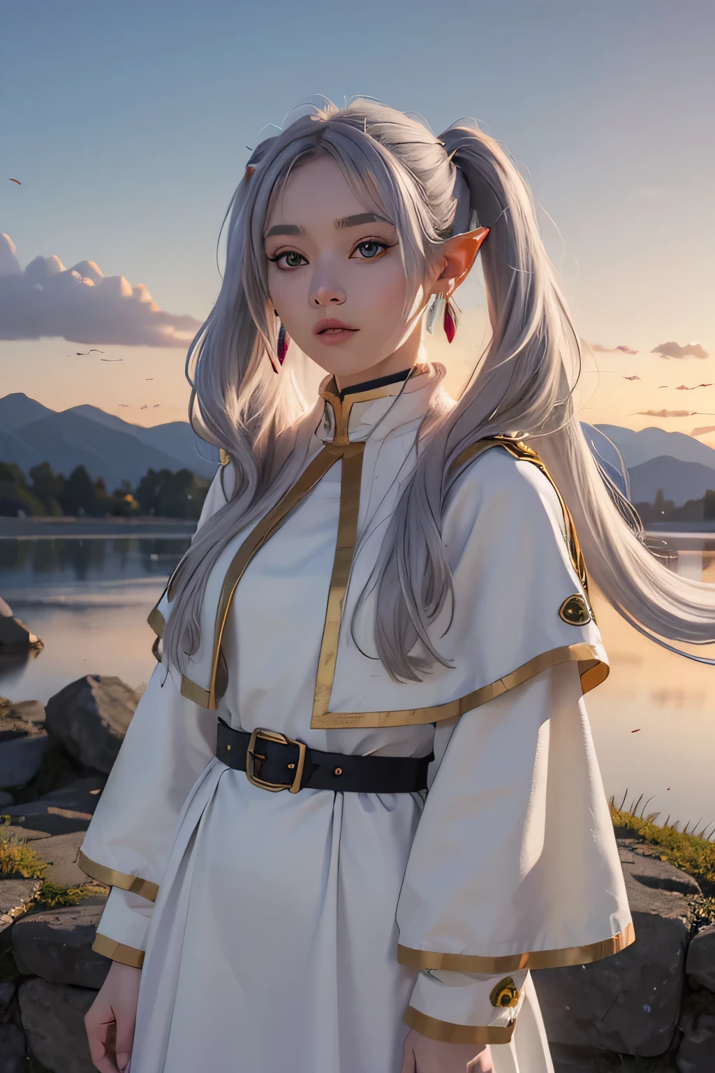 (highest quality images, masterpiece), detailed landscape,(((gray hair))), detailed beautiful green eyes,   detailed five fingers,  quiet lake (Reflecting the vivid twilight sky),nuances of color,quiet, freezing, 1 girl, long hair, pointed ears, twin tails, jewelry, goblin, earrings, capelet, white capelet, long sleeve, parted bangs, dress, belt, flower, small breasts, wide hips, look at the view, hide your hands, close mount,