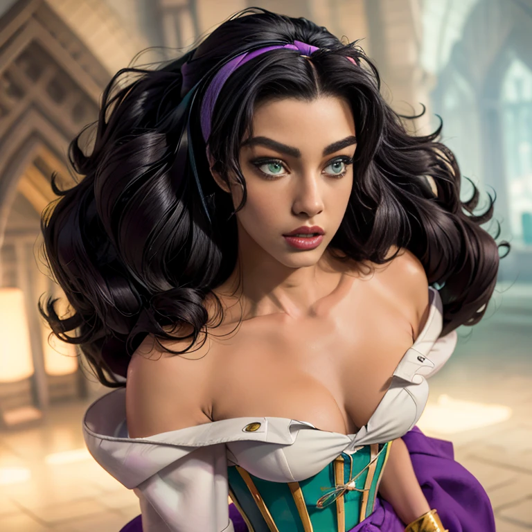 Esmeralda, hairband, bare shoulders, dress, corset, purple skirt, jewelry, insanely detailed and intricate, High quality, high coherence, anatomically correct, green eyes, looking at the camera, hypermaximalist, sensual, beautiful, super detailed  