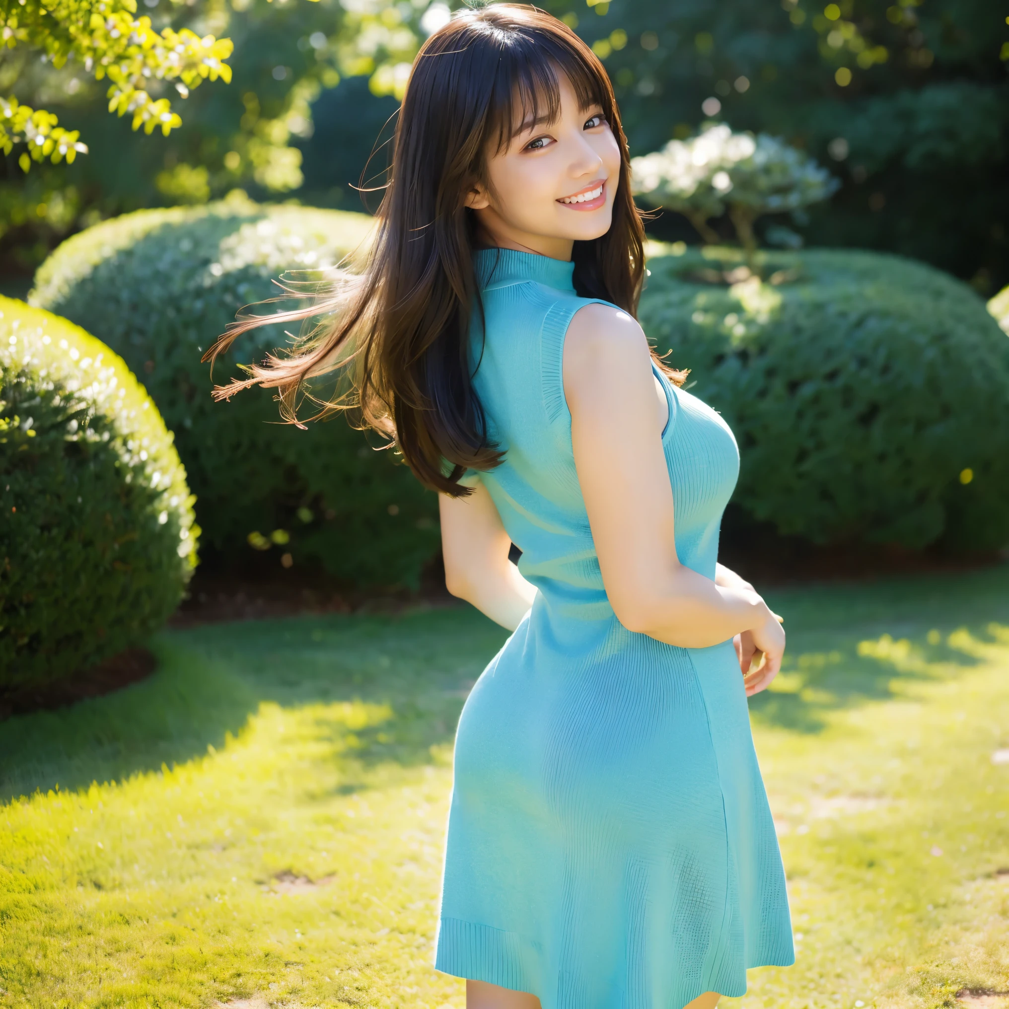 (highest quality、masterpiece、8K、best image quality、hyper realism、Award-winning work)、1 female、(alone:1.1)、(Perfect sleeveless tight knit sweater dress:1.2)、(bare arms:1.1)、(Beautiful park background with strong blur:1.1)、A large park with the most natural and perfect grass、A perfectly maintained large grassy park、(Standing gracefully:1.2)、(Full body photo of a woman standing elegantly:1.3)、(emphasize body line:1.1)、(beautiful thick legs:1.2)、glamorous body、big breasts、big ass、beautiful hip line、(Rear view:1.2)、(Ass facing me:1.1)、(Looking back at me:1.1)、accurate anatomy、perfect makeup、long eyelashes、glossy lips、Ultra high definition glossy skin、(Ultra-high definition bright and beautiful skin:1.1)、超高精細のglossy lips、Super high definition beautiful teeth